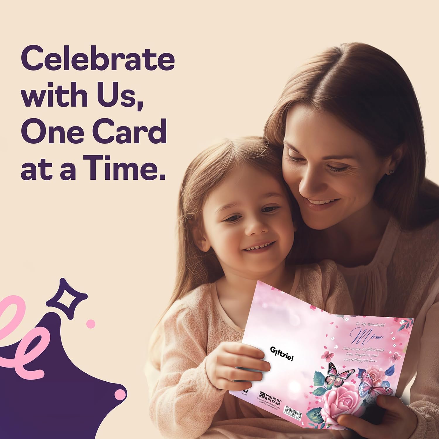 Giftzie Mom Birthday Card - Pink Rose Butterfly - Beautiful Happy Birthday Card for Mom from Daughter Son, 5x7 Inch Female Floral Bday Mothers Day Greeting Cards