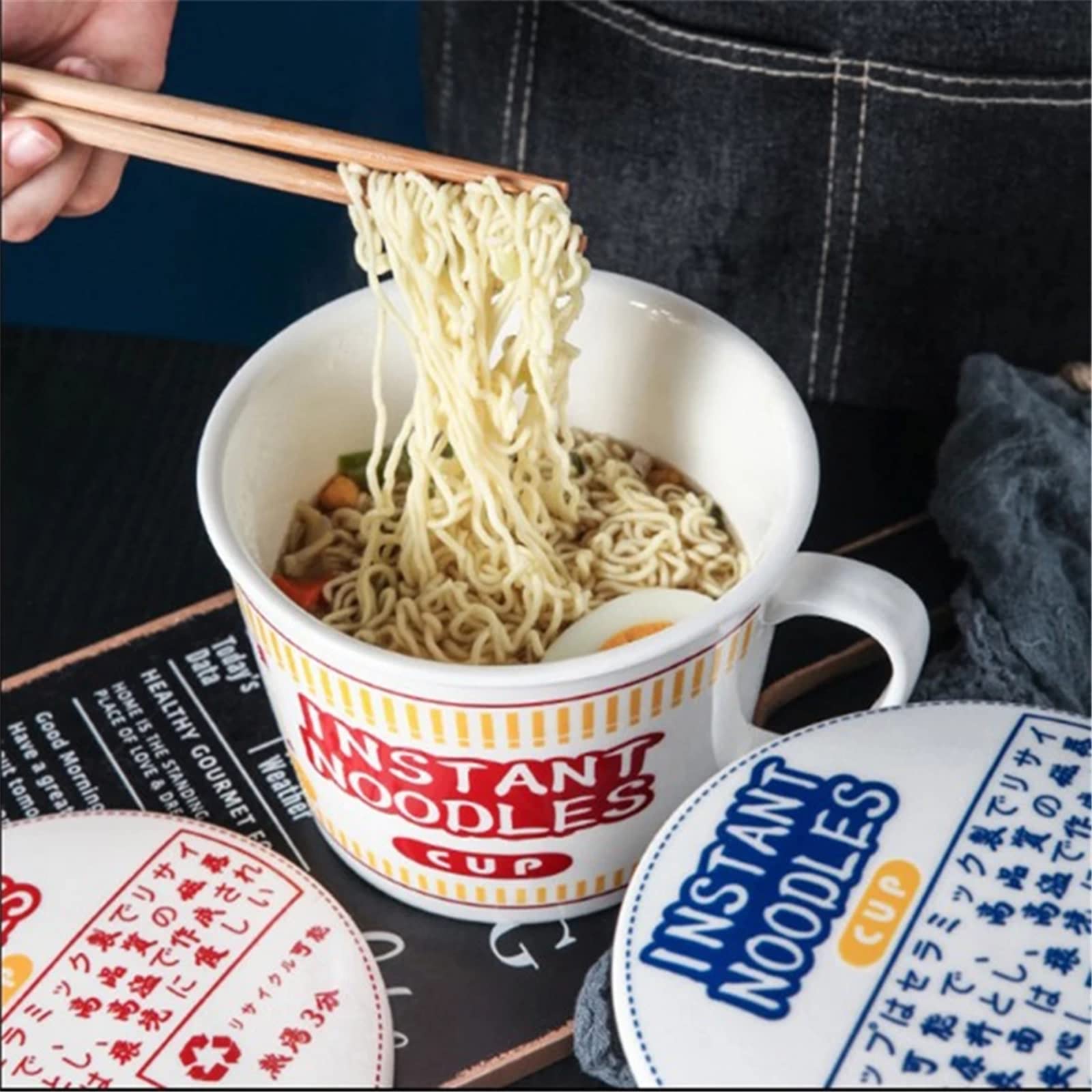 1000ml japanische Instant-Nudelschüssel, Tasse und Schüssel Instant-Nudeln, Mikrowellen-Keramik-Nudeln, Instant-Nudelschüssel mit großem Fassungsvermögen mit Deckel, Geschirr mit Griff