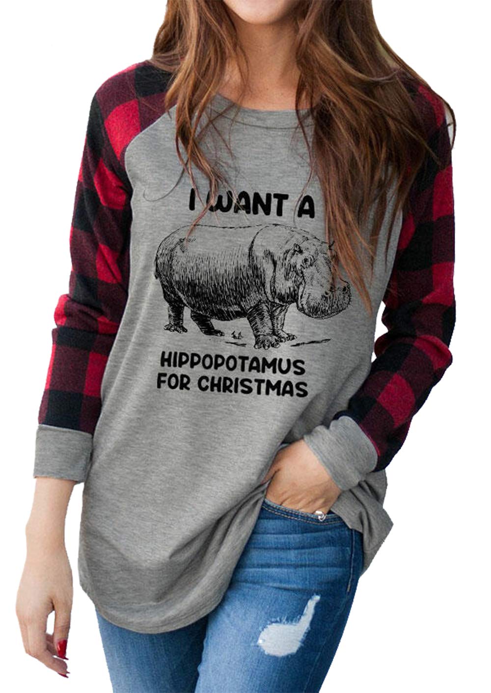 GREFLYINGI Want A Hippopotamus for Christmas Shirts Women's Plaid Graphics Raglan Long Sleeve T-Shirt Tees Tops