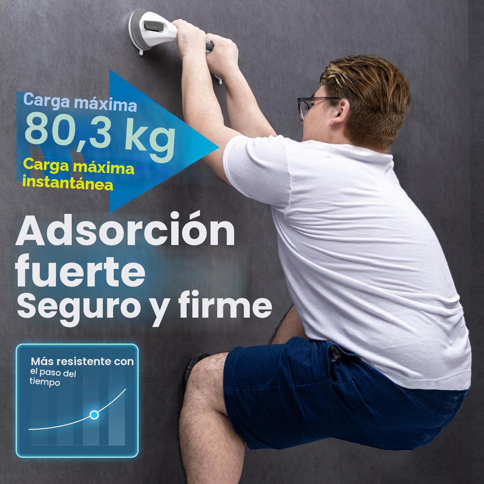 LEVERLOC Agarraderas Baño para Mayores, 43 CM Asidero Ducha de Succión, MAX Hold 110 KG Agarrador Ducha Personas Mayores, Agarre de Seguridad, Barra Baño sin Taladrar y Pasamanos Extraíble, Gris