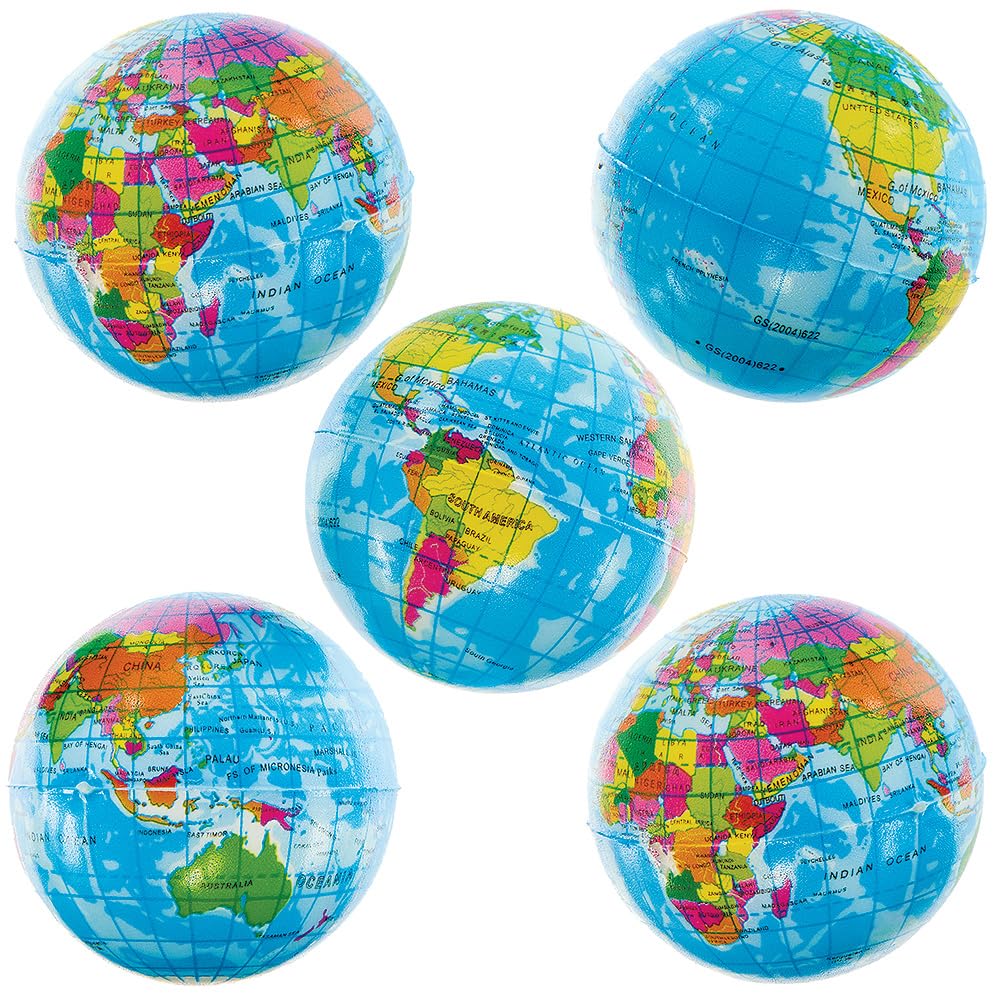 Baker Ross FN050 Globe Squeezy Balls - zestaw 5 sztuk, kulki antystresowe wypełniające torby imprezowe
