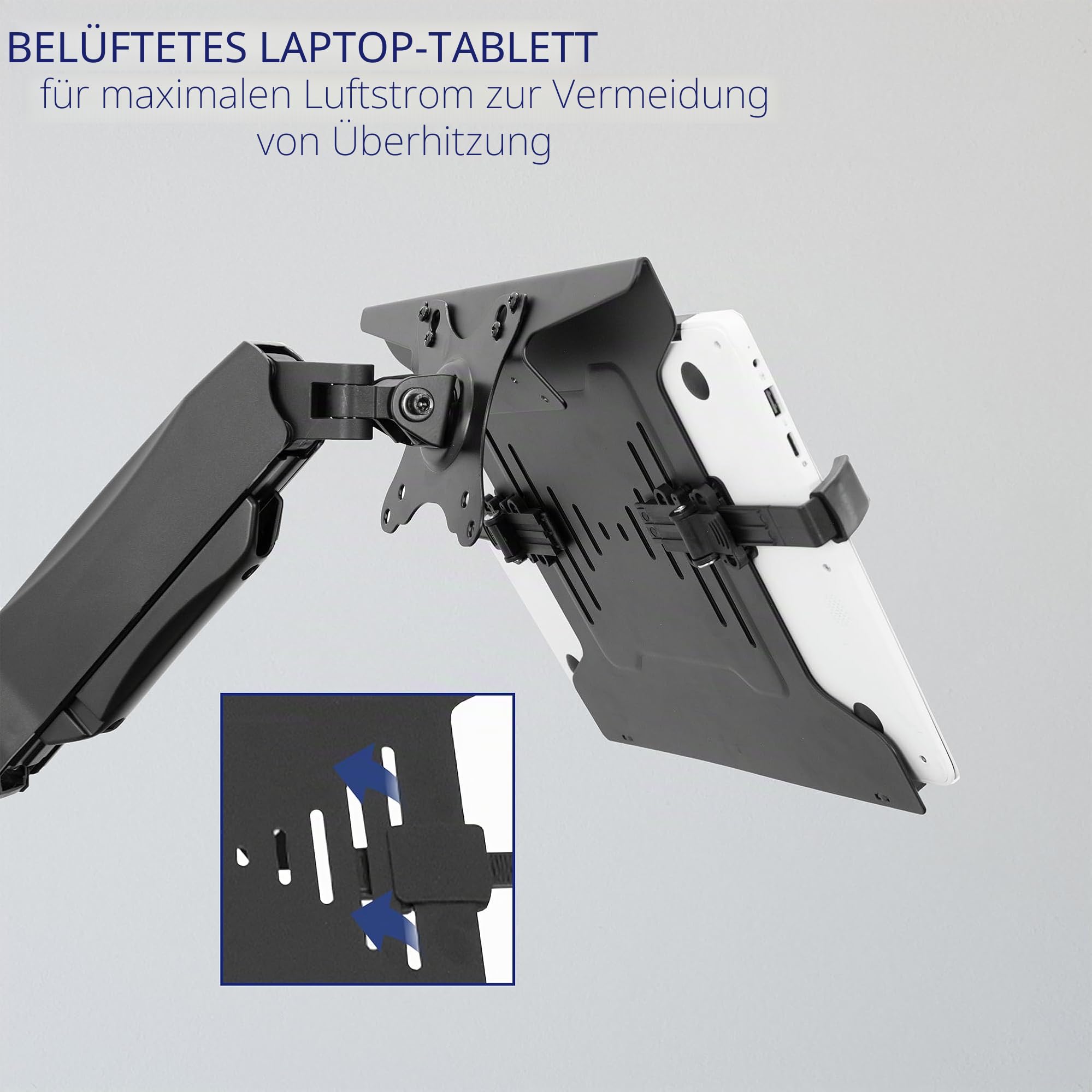 VIVO Mount-V001GL Höhenverstellbare pneumatische Laptop-Wandhalterung mit verlängertem Arm, vollbewegliche schwenkbare Notebook-Ablage, passend für 10- bis 15,6-Zoll-Bildschirme, Schwarz