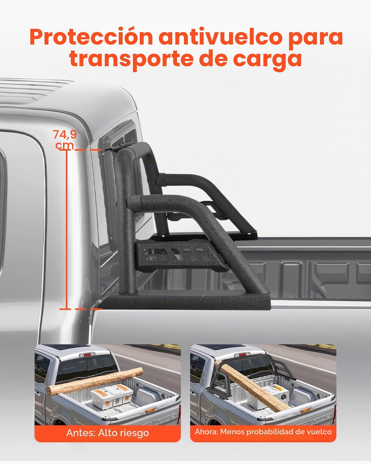 VEVOR Barra Antivuelco para Caja de Camioneta de Acero al Carbono Portaequipajes Universal Ajustable para Camionetas de Tamaño Mediano con Soporte de Luz Extensible, Portaequipajes No Incluido