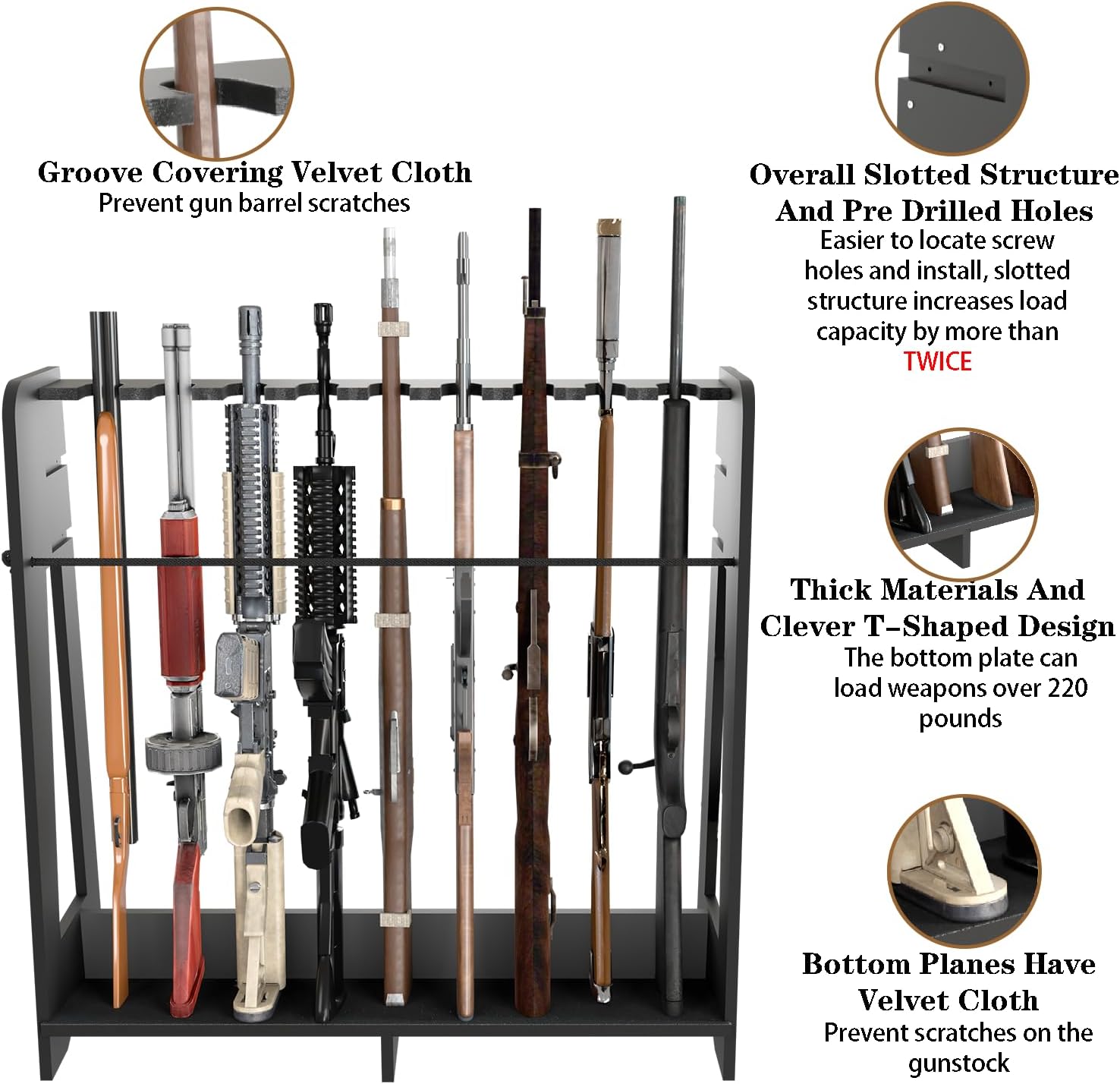 Gun Storage Racks Indoor - Freestanding Floor Wooden Rifle Standing Rack, Vertical Shotgun Storage Solutions and Gun Room Display Stand, 9 Slots Adjustable Height for up to 9 Long Guns