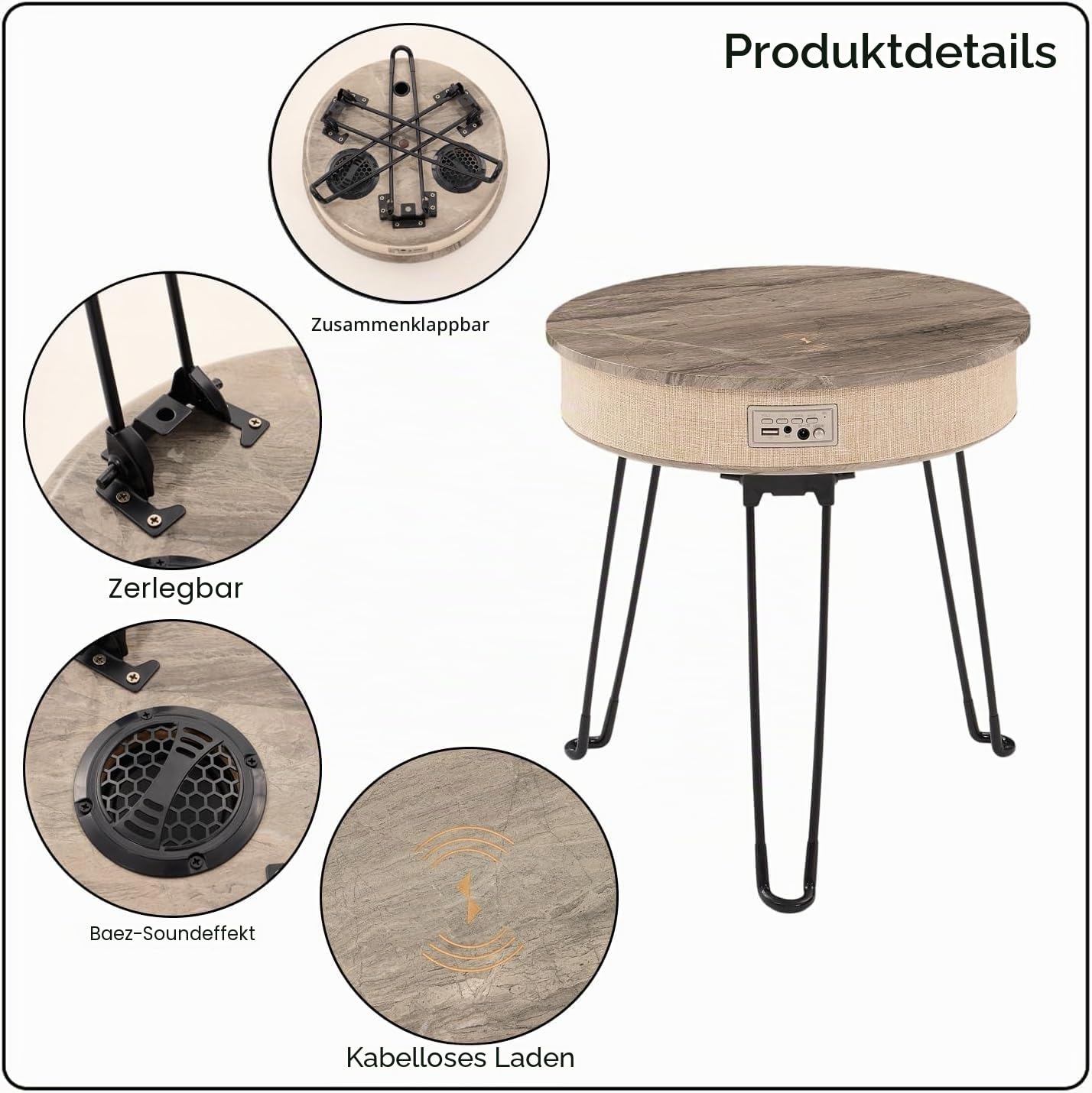 Louis Donné LED Beistelltisch mit Bluetooth Lautsprecher, Klappbarer Edelstahl Tisch mit Sensor Nachtlicht, Wasserdichter Outdoor Tisch für Balkon, Garten & Wohnzimmer, Akku 6–8 Std., Khaki