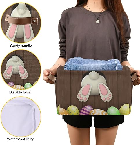 Miniatura 7 de senya Cesta de Pascua con asas, cola de conejo blanco con huevos inferiores, plegable, de tela, plegable, bolsa organizadora para almacenamiento de