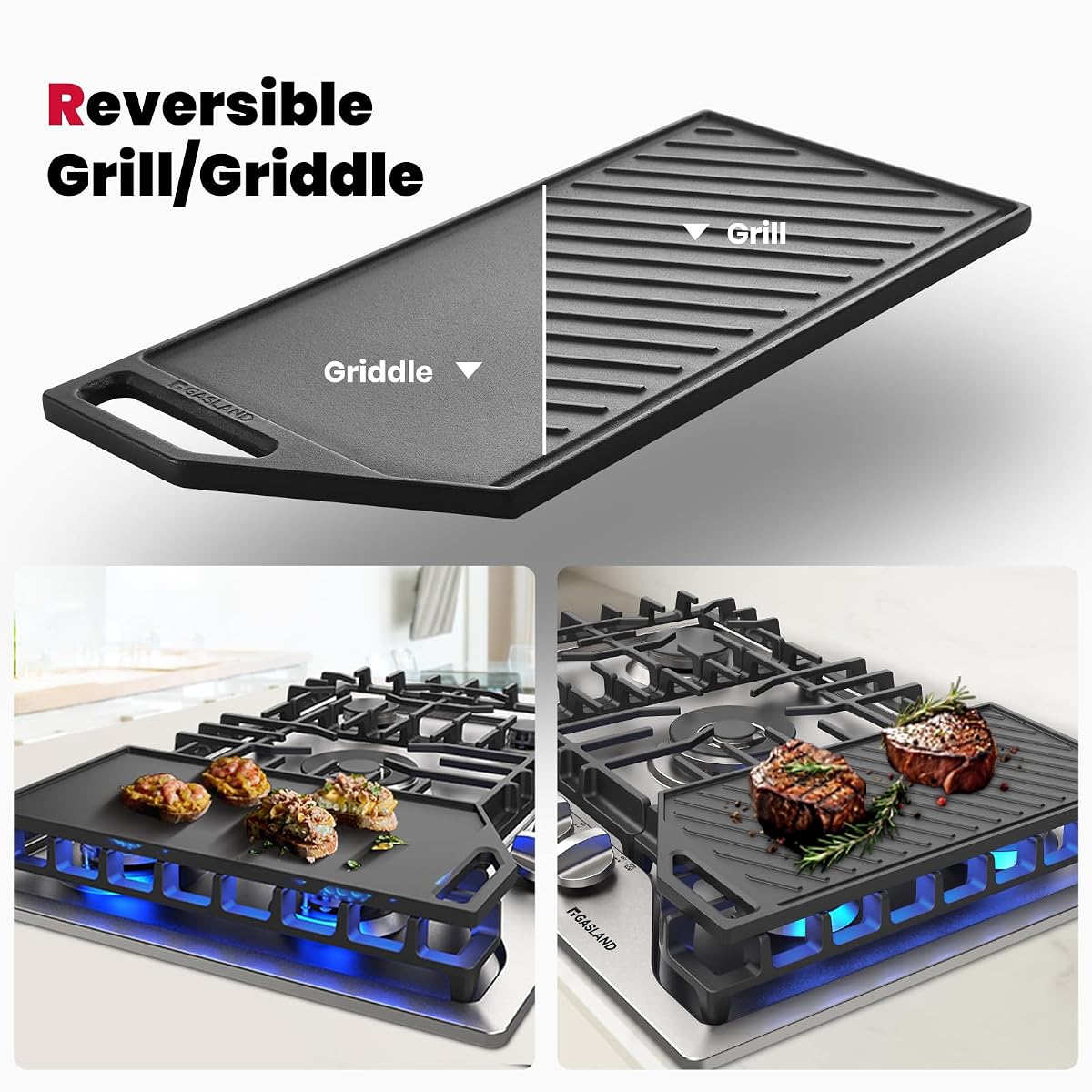 GASLAND Gas Cooktop 30 Inch, PRO GH3305SF 5 Burner Propane Stovetop with Reversible Cast Iron Grill/Griddle, Gas Countertop Plug-in, NG/LPG Convertible Cooktops, Stainless Steel image 1