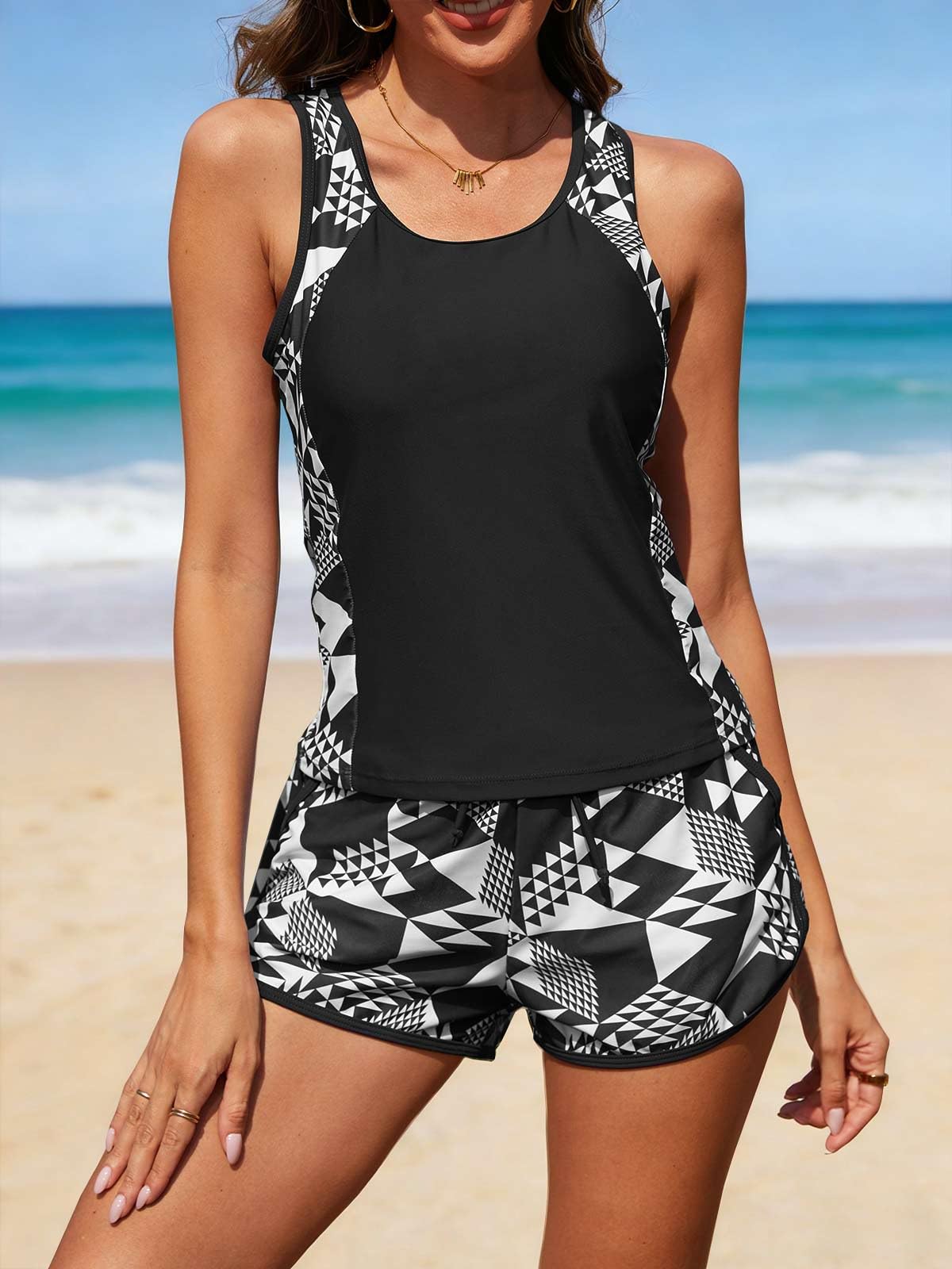 CheChury Tankini da Donna Set Due Pezzi Costume da Bagno a Vita Alta Scollo a U Imbottito Reggiseno Sexy Push up Costumi Mare Floreale Tankini Tops Pantaloncini Donna Beachwear Swimwear Spiaggia