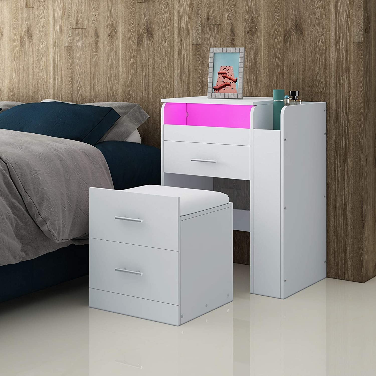 Schminktisch-Set mit LED-Lichtern, 90° Klappspiegel, 3 Schubladen & gepolstertem Hocker, Weiß, moderner Make-up-Schreibtisch für Mädchenzimmer