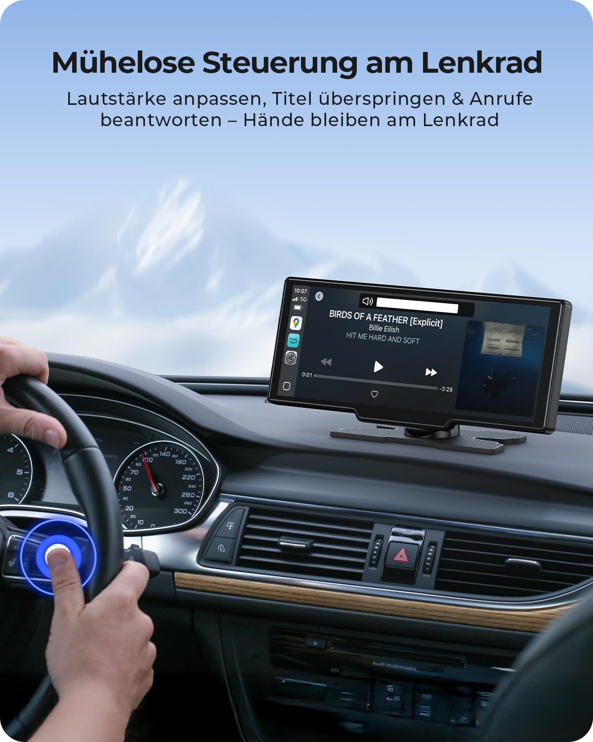 9,26" Drahtloses Tragbarer Car Play Display mit 4K-Front- & HD-Rückfahr-Dual-Dashcam für Apple CarPlay & Android Auto mit OTA-Updates, Mirror Link, Bluetooth 5.0, Sprachsteuerung, GPS, FM