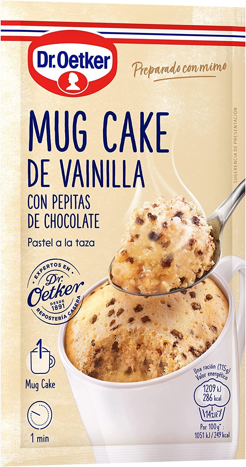 DR. OETKER Mug Cake Vainilla con Pepitas de Chocolate, Preparado para Bizcocho en Taza 65g