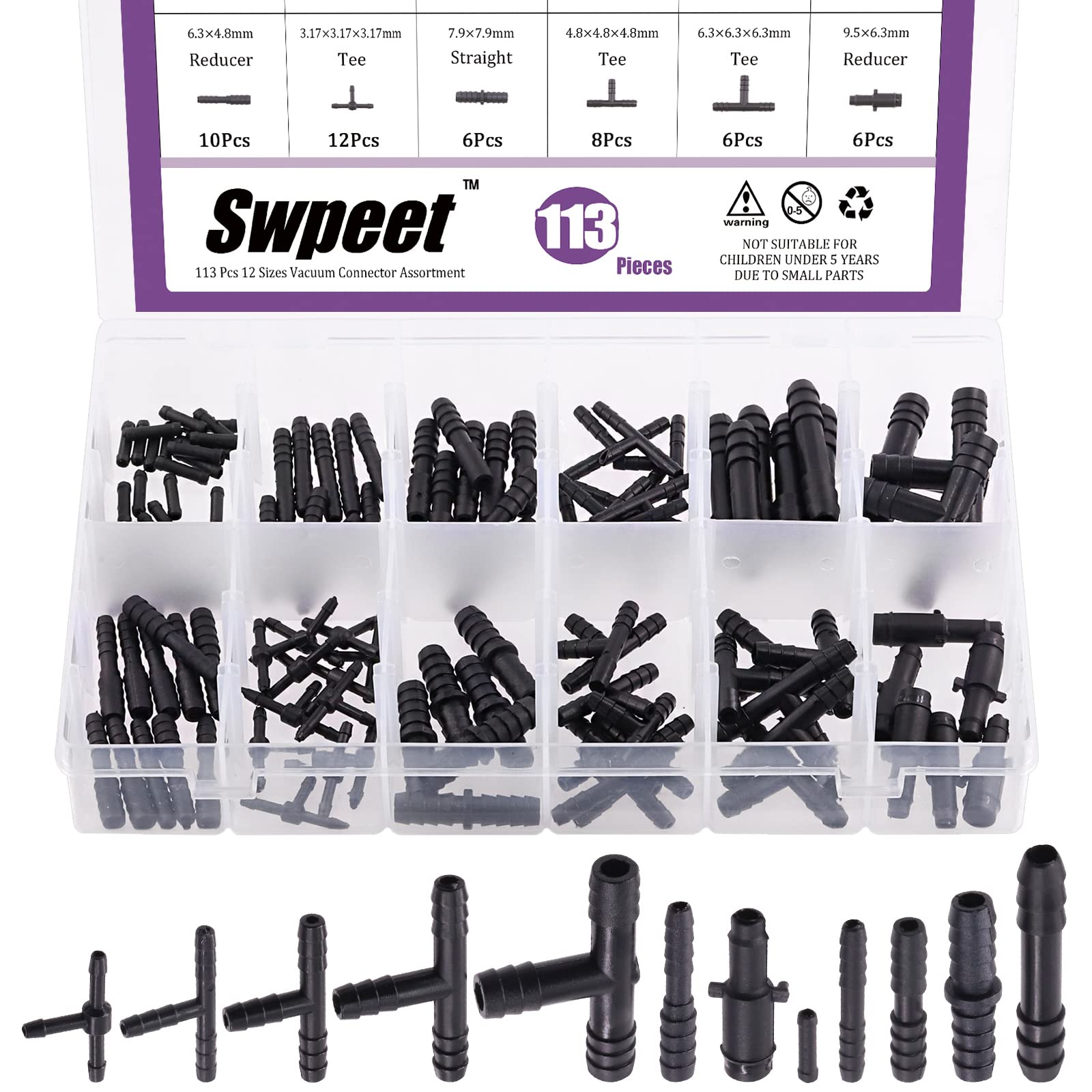 Swpeet Kit di 113 connettori per vuoto spinati, tra cui raccordo a T, riduttore e connettori dritti per sostituire i tubi di aspirazione