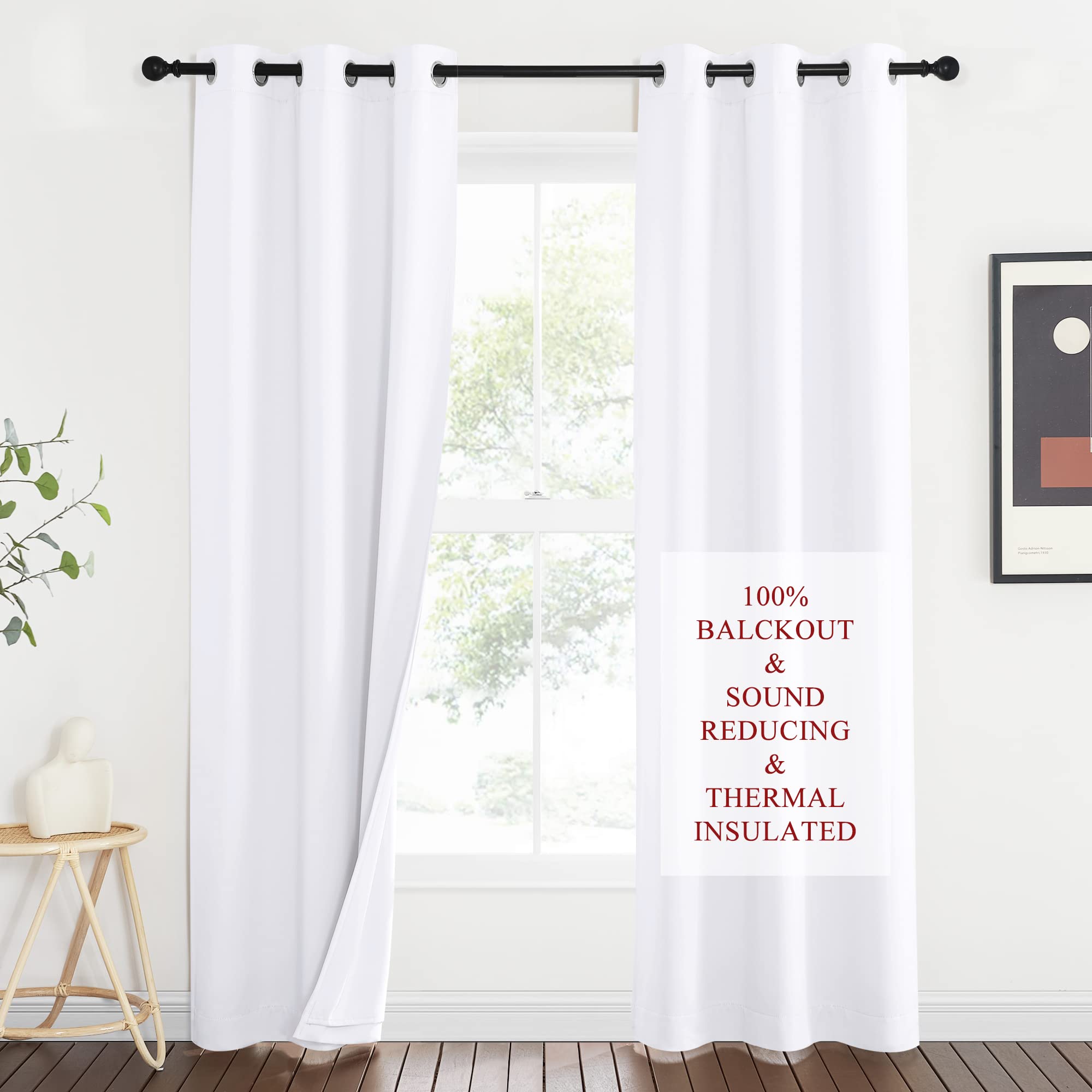 NICETOWN Sound Barrier 100% Blackout Divider Curtains 84", Noise, Heat and Cold Blocking Drapes with Felt Fabric Lining for Noise Reducing/Nursery/Daytime Sleep/Bedroom (White, 2 PCs, 34" Wide)