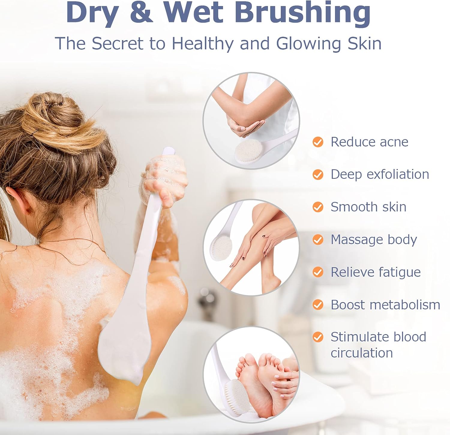 Bath Body Brush, Never Mold Back Body Scrubber for Shower, Dry Exfoliating Brush or Wet Shower Brush with Anti Slip Long Handle Moderate Bristles : Everything Else