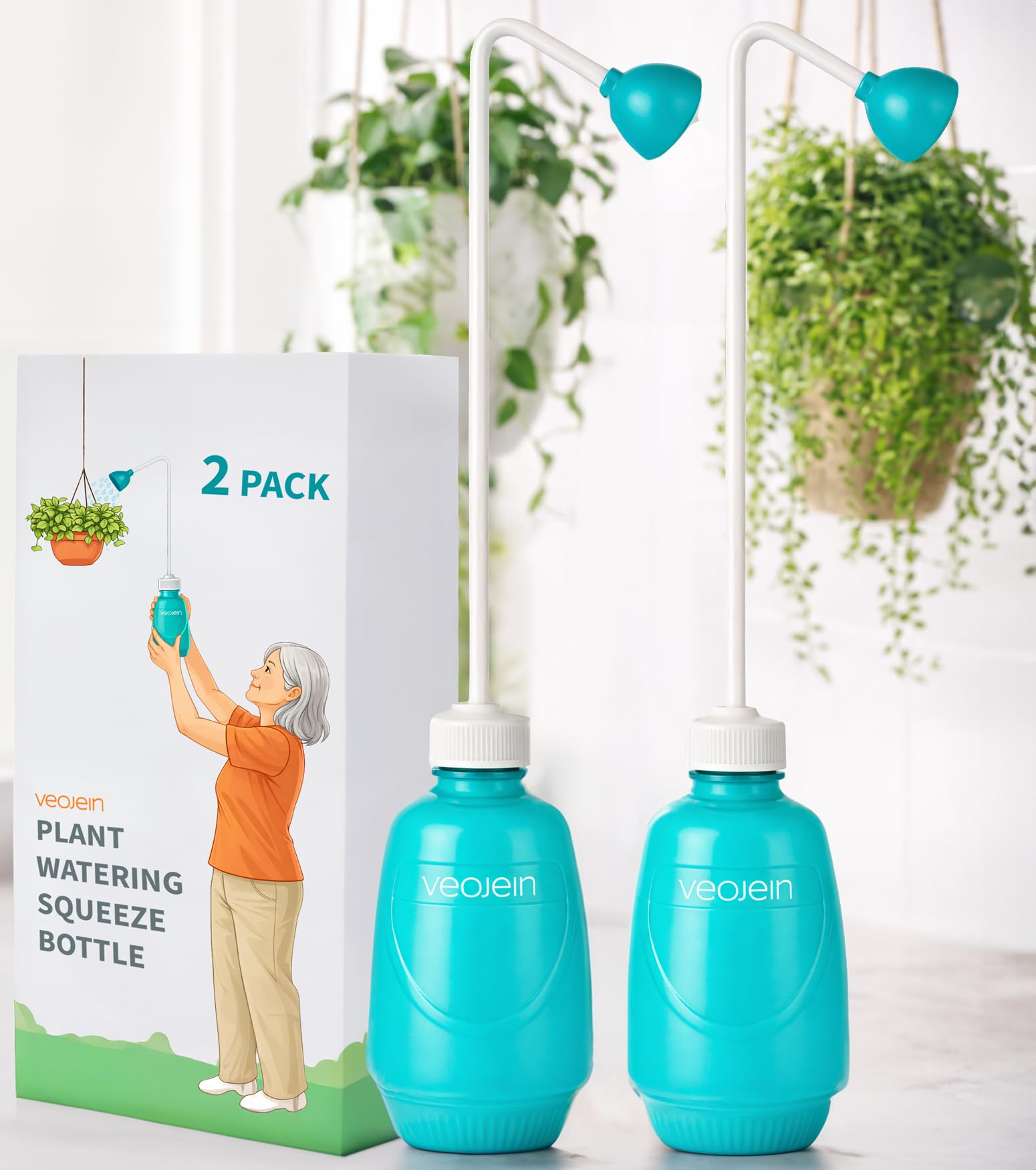 VEOJEIN Long Neck Plant Watering Squeeze Bottle [Pack of 2], 12.2" Long Spout Watering Can for Hanging Plants, Original Extended Leakproof Design for Indoor & Outdoor Watering, 15 oz (Teal)