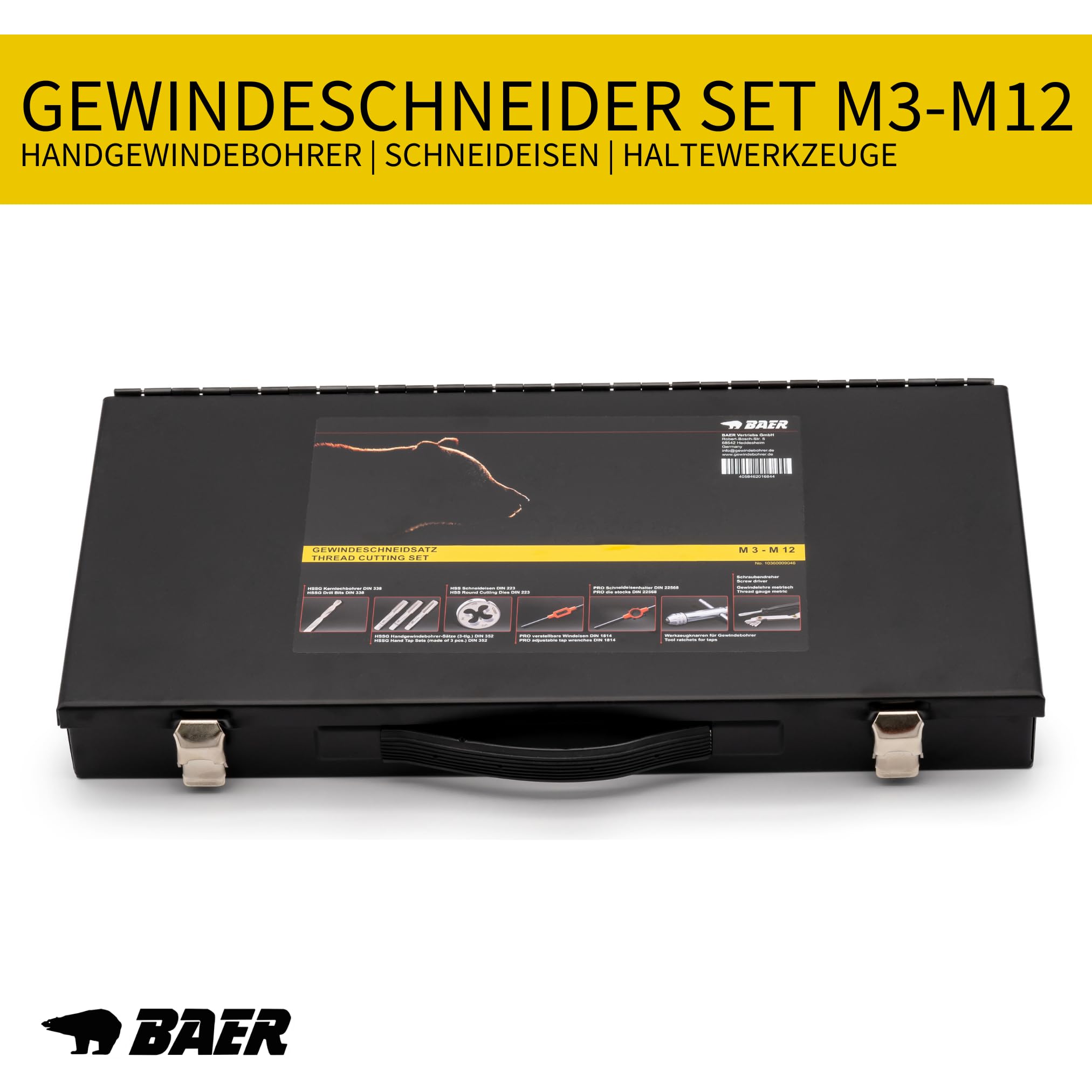 BAER Gewindeschneider Set 30-tlg. M3–M12 HSS-G | Handgewindebohrer + Schneideisen DIN 352/DIN 13 | Windeisen & Schneideisenhalter in Metallkassette | Profi Gewindeschneidsatz Innen- & Außengewinde