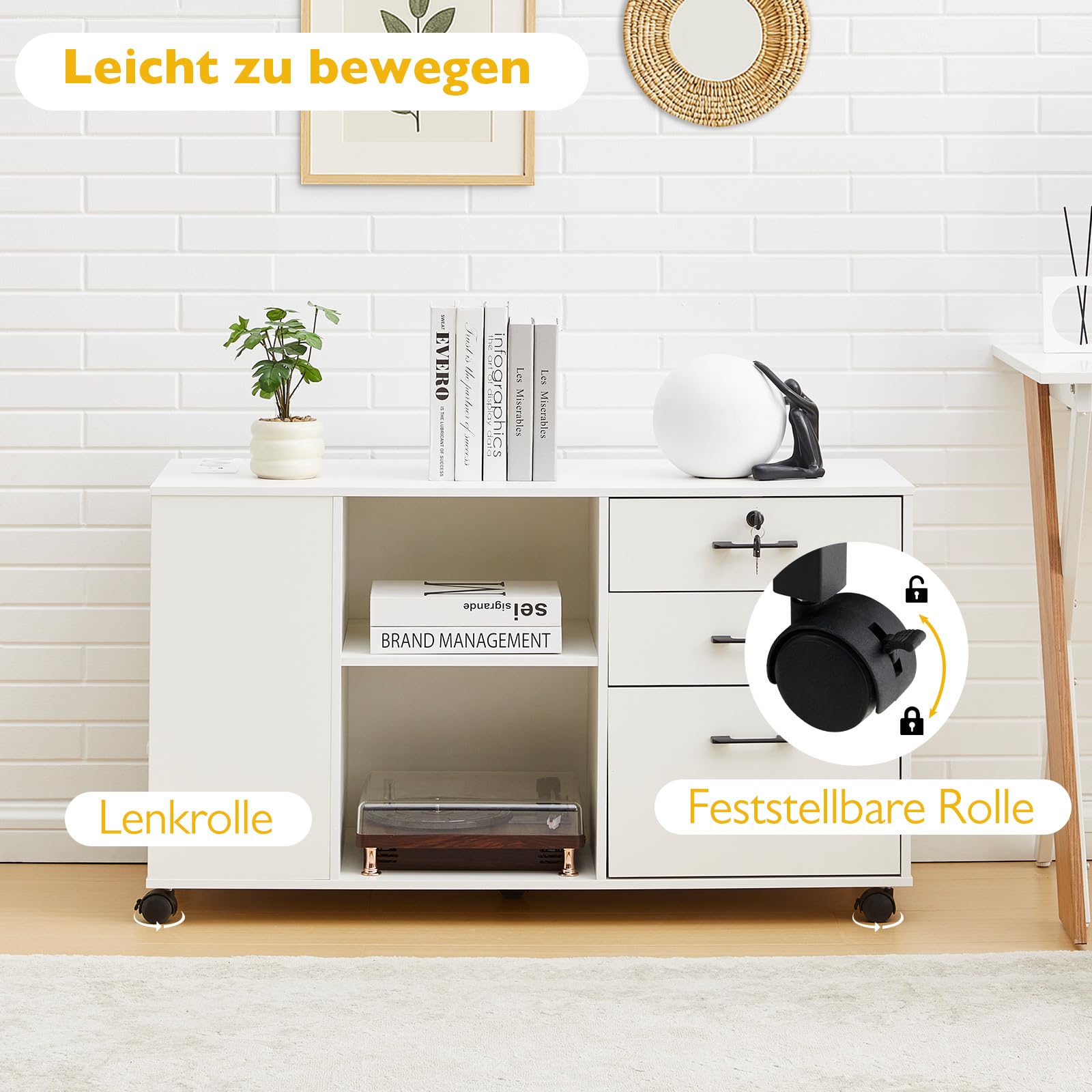 CLIPOP Rollcontainer,abschließbar,mobiler Aktenschrank mit 5 Rollen,3 Schubladen,Schubladenschrank Büroschrank Bürocontainer mit Steckdose,für Büro Zuhause,Weiß