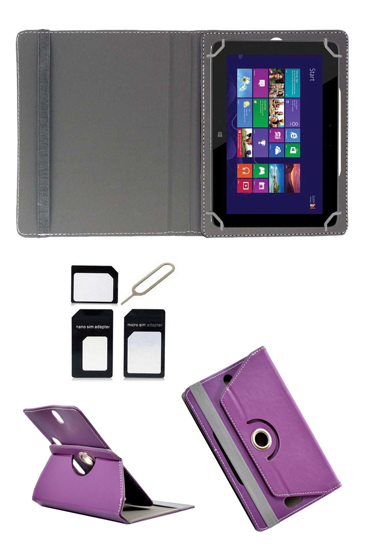 Hello Zone Exclusive 360� Rotating 8� Inch Flip Case Cover Book Cover for Notion Ink Cain 8 -Purple + Free Sim Adapter Kit