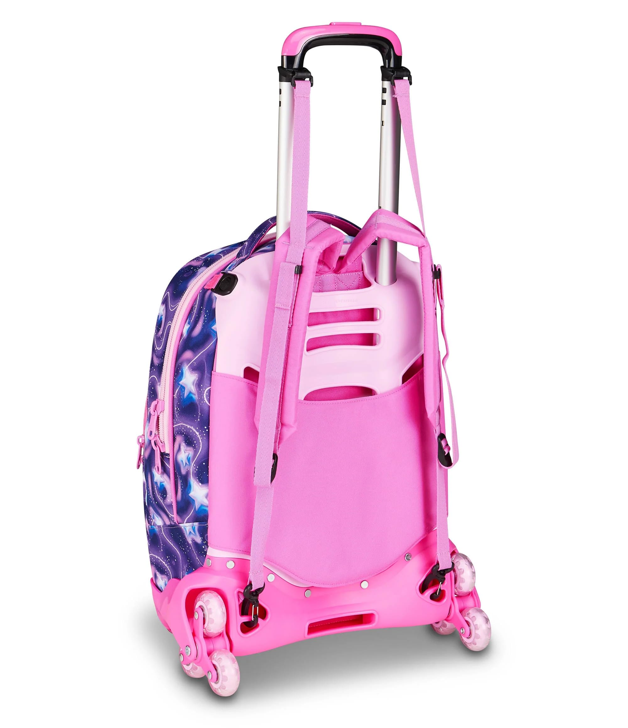 Trolley Scuola Seven Sj Fluffy Pink Girl Cuore 8 Ruote zaino staccabile 3 in 1 per Scuola primaria Bambina + Astuccio 3 zip cancelleria + Diario 2026/2027 + 7 penne a scatto e portachiave pailettes
