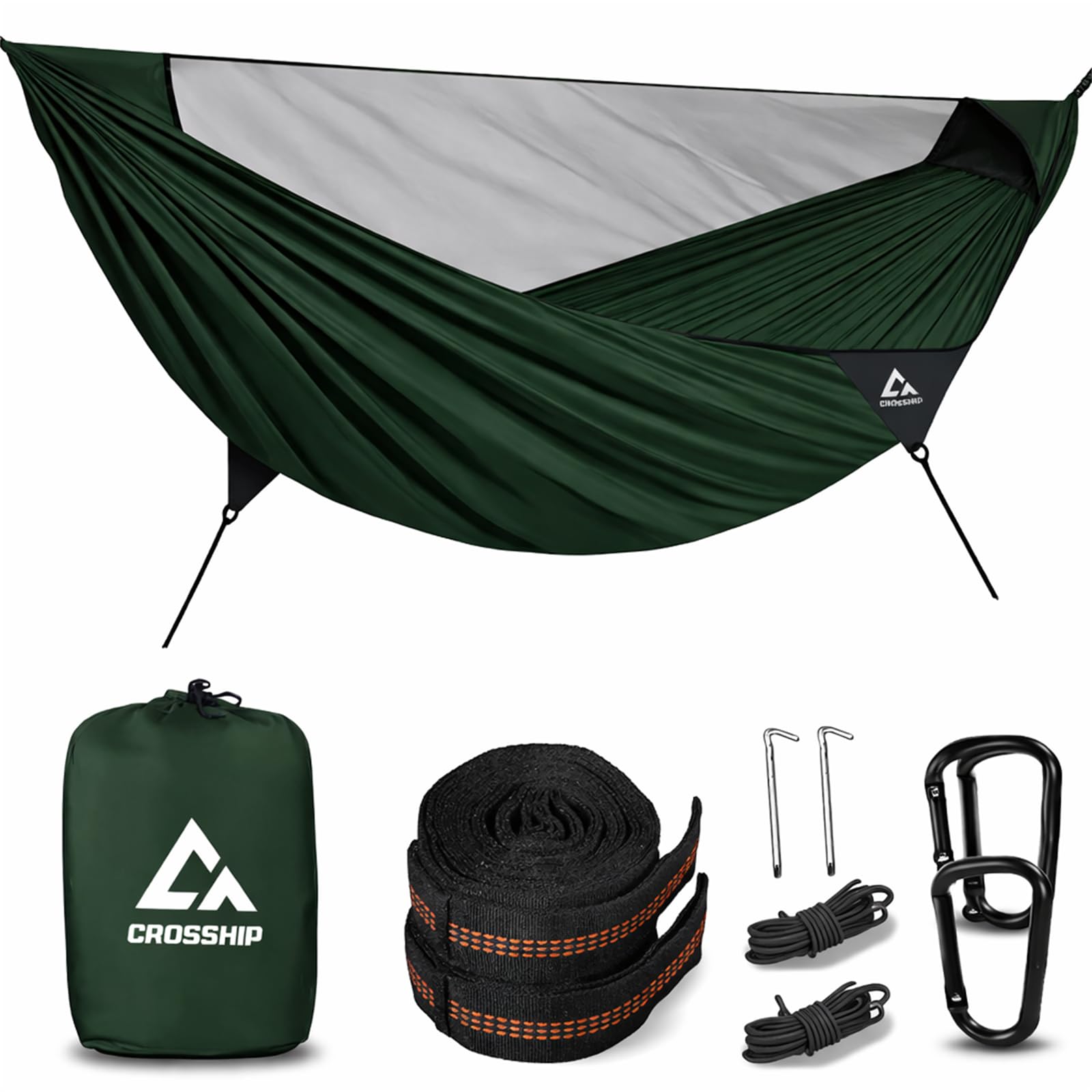 Camping Hammock with Mosquito Net, 2 Person Hammock Bug Net, Portable, Parachute Nylon for Outdoor, Camping, Hiking, Backpacking, Backyard, Beach, Travel (Hold Up to 500lbs) (Forest Green)