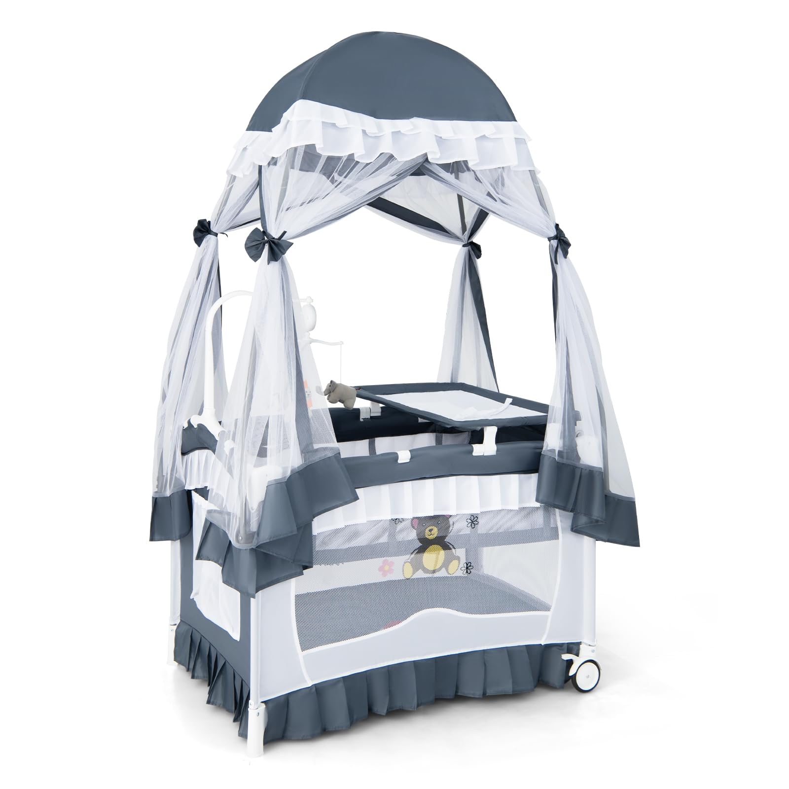 LIFEZEAL 4 en 1 Lit Bébé Evolutif avec Baldaquin, Lit Parapluie Bebe Pliable avec Matelas et Table à Langer, Lit Bebe 0-36 Mois avec Sac de Rangement (Gris)
