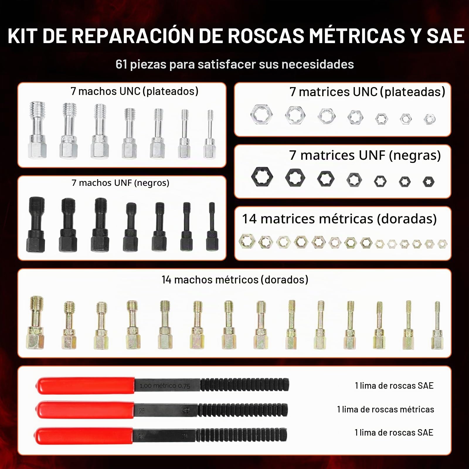 VEVOR Kit de Reparación de Roscas Métricas UNC y UNF 61 Piezas Restaurador de Roscas Métricas con 28 Machos de Roscar, 28 Terrajas, 3 Limas de Rosca Acero Tratado Térmicamente para Mecánicos