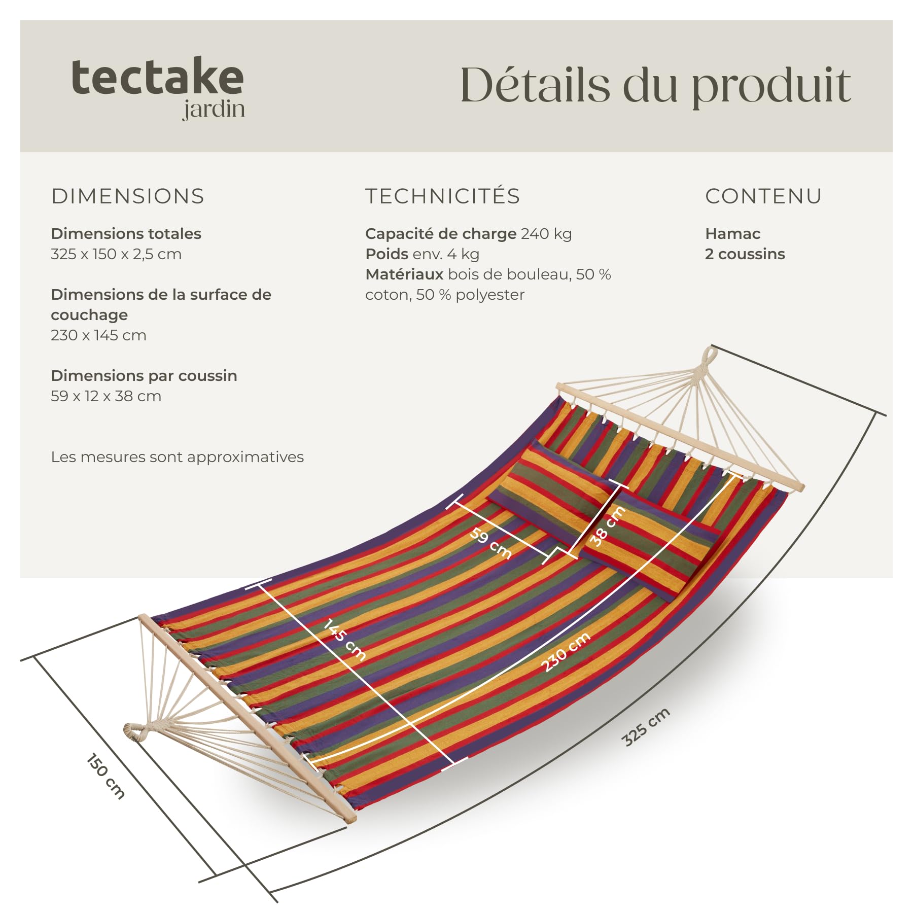 tectake® Hamac 2 Places Hamac Double Exterieur avec 2 Oreillers extérieur, 325x150x2,5 cm, Supporte Max. 240 kg, Couchage 230x 145 cm, pour Relaxation Terrasse Exterieur Piscine Jardin Balcon Veranda