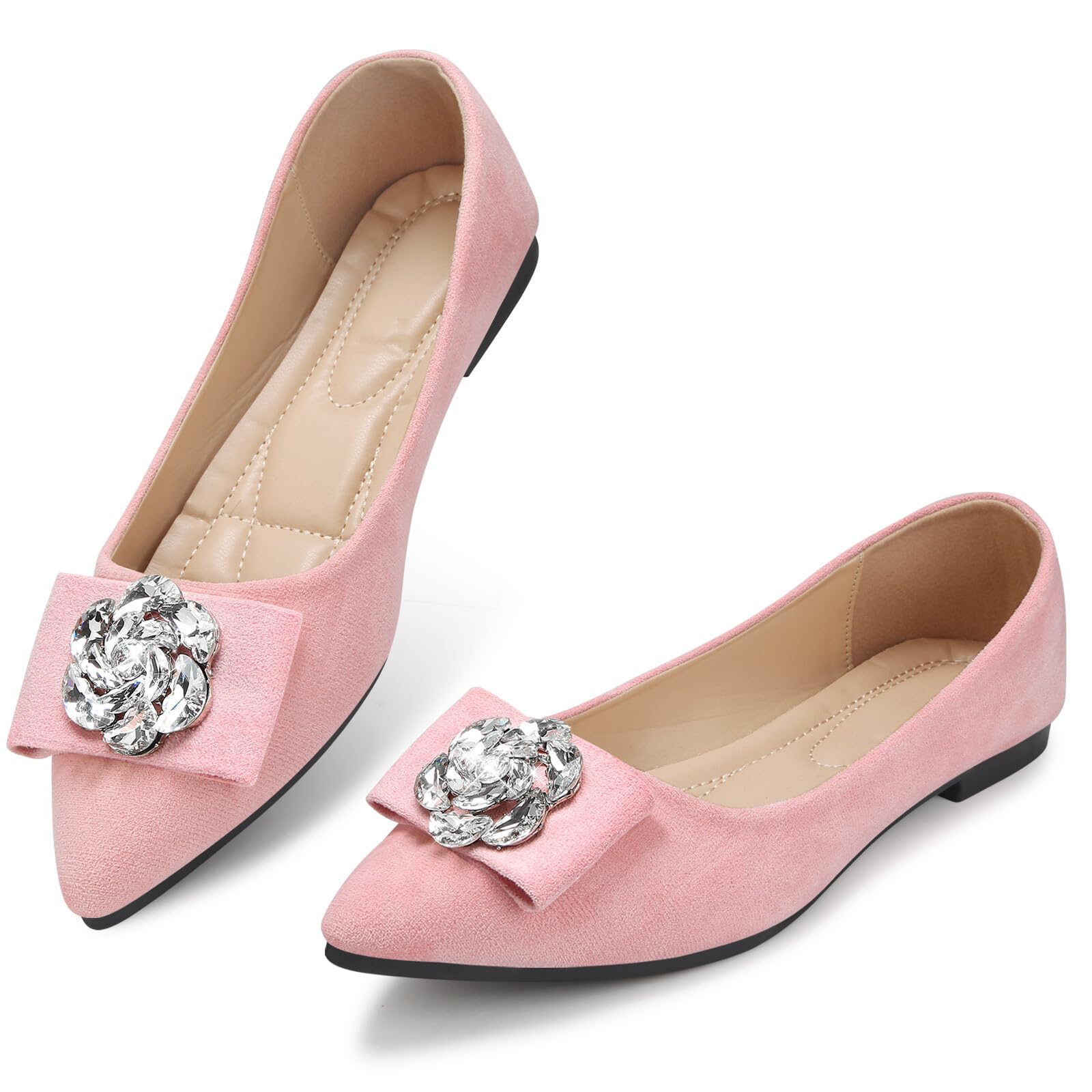 KUNWFNIX Women's Ballet Flats with Pearl Clip - Faux Suede Pointed Toe Slip On, Soft Comfortable Shoes for Wedding Guest, Office & Dressy Events