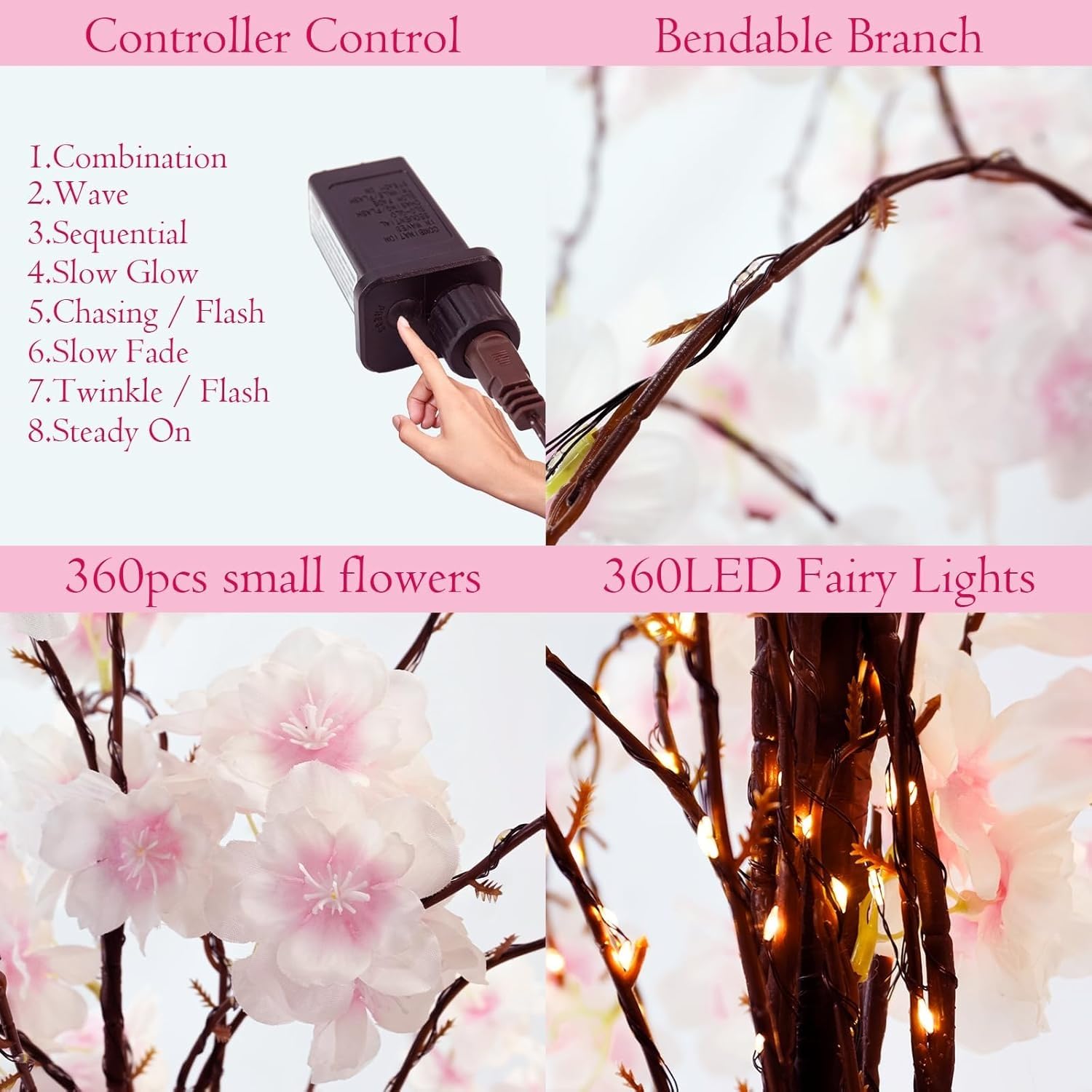 Albero Di Ciliegio Illuminato 1,8m Con 112 LED E 336 Fiori Rosa: Luce Decorativa Interno/Esterno Con Telecomando, Timer, 8 Modalità, Per Matrimoni E Feste - 2