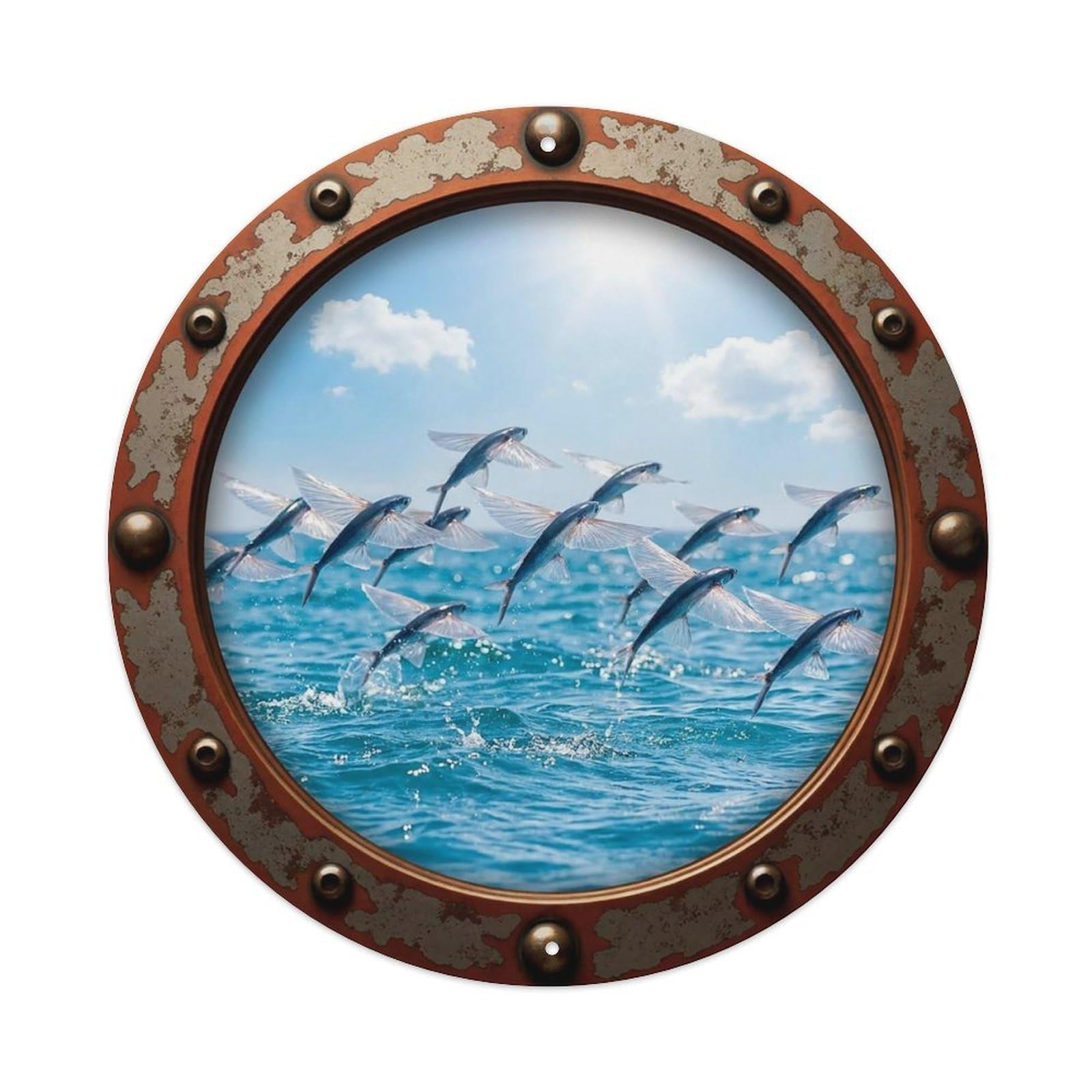 Vintage Porthole Flying Fish Leap View Vintage Metal Tin Sign Plaque Wall Decor for Cafe, Club Bar, Office, Garden Metal Poster 8x8Inch