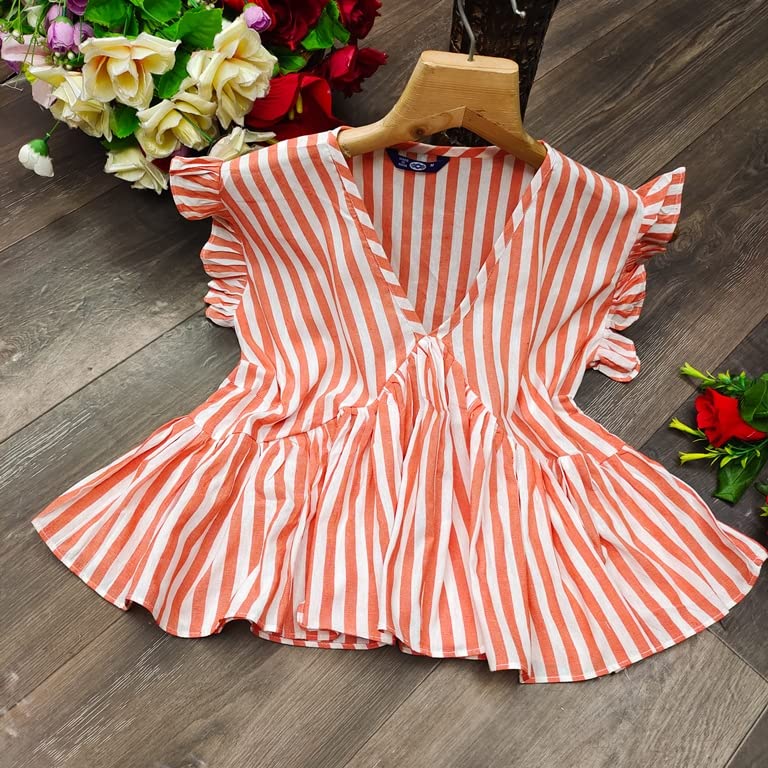 Image of Leriya Fashion Women's Western Regular Fit Crop Tops | Fancy Stripped with Ruffle Sleeves | Button Down Lightweight Cotton for Girls | Suitable for College Office Casual Wear for Ladies