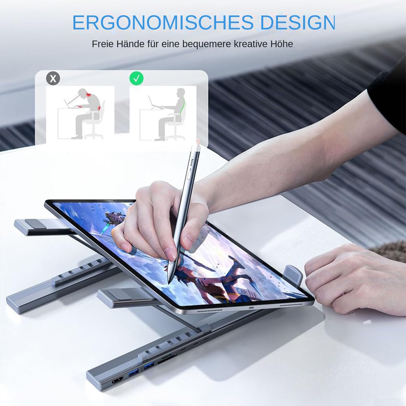 Supporto Con Docking Station Per Laptop Base 8 In 1 Con Hub USB C E | Supporto Ergonomico Portatile per Casa Ufficio Viaggio e Scrivania per Notebook
