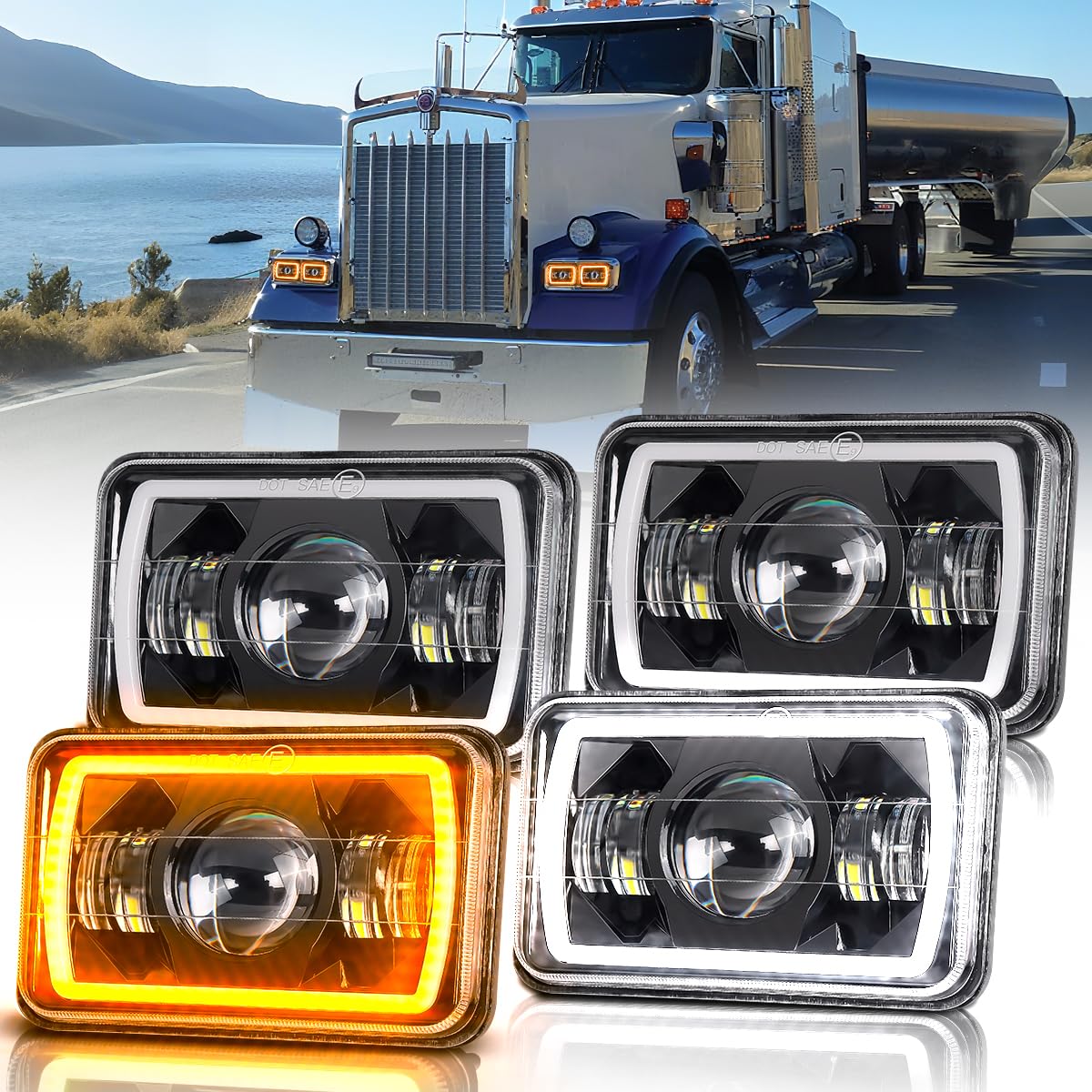 BAOLICY 4x6 In LED Headlights DOT Approved 4PCS with White/Amber DRL Turn Signal Rectangle LED Headlight High Low Beam with H4651 H4652 H4656 H4666 H6545 H4668 for Truck Probe Kenworth Peterbilt