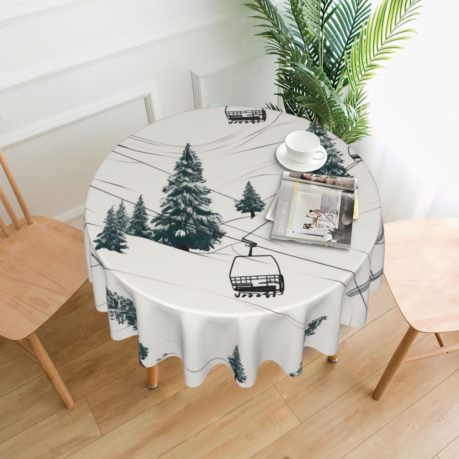 FodPand Ski Lift with Fir Tree Tablecloths for Round Tables 60 Inch - Reusable Washable Dining Table Clothes - Stain and Wrinkle Resistant Decorative Fabric Table Cover for Wedding Party