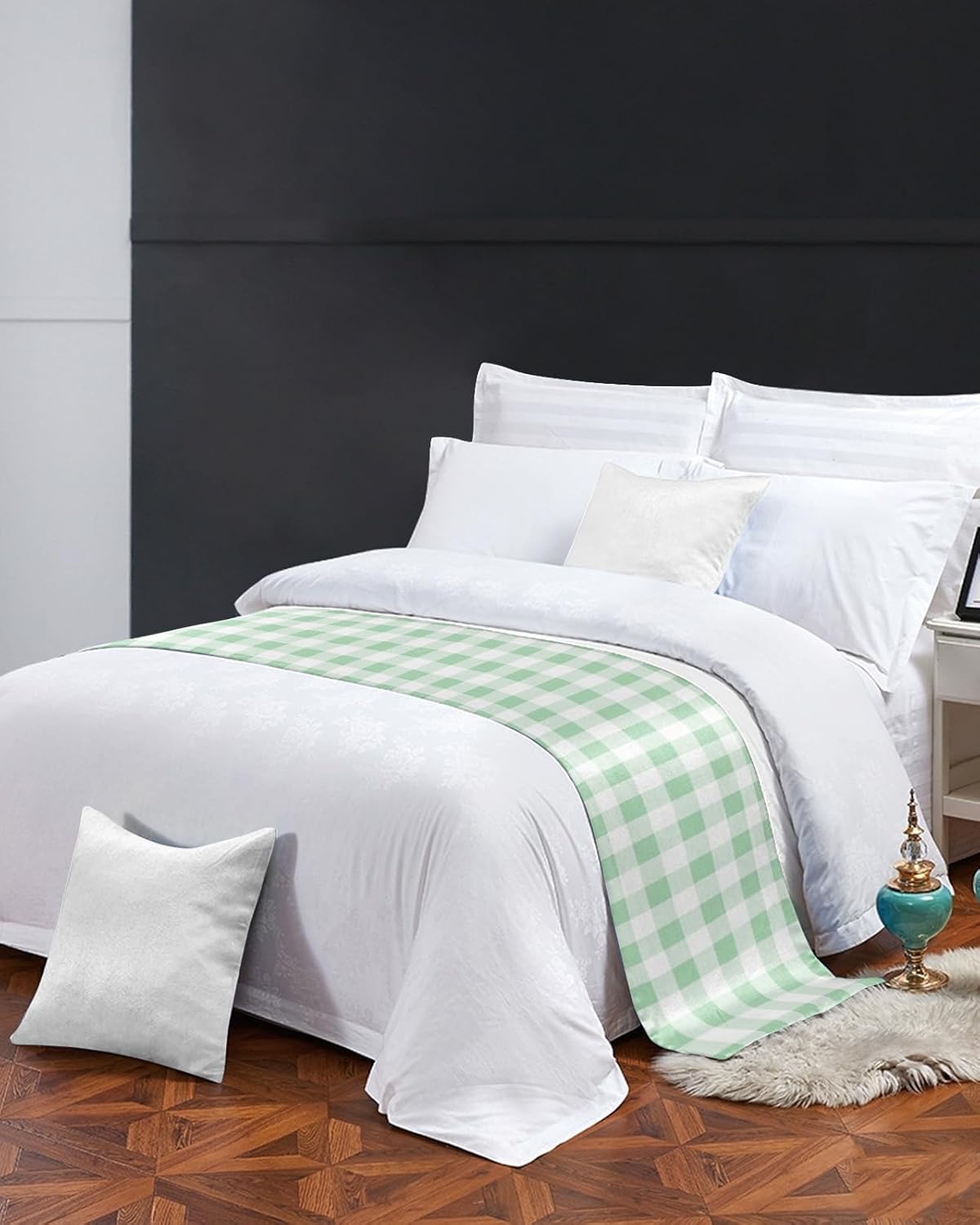 Teamery Bed Runners & Scarves, Pastoral Style Light Green Lattice Bed Runner, Bed Scarf Protector Decorative Accent Bedding Scarf for Hotels Homes and Guestrooms, 102 x 20 inches