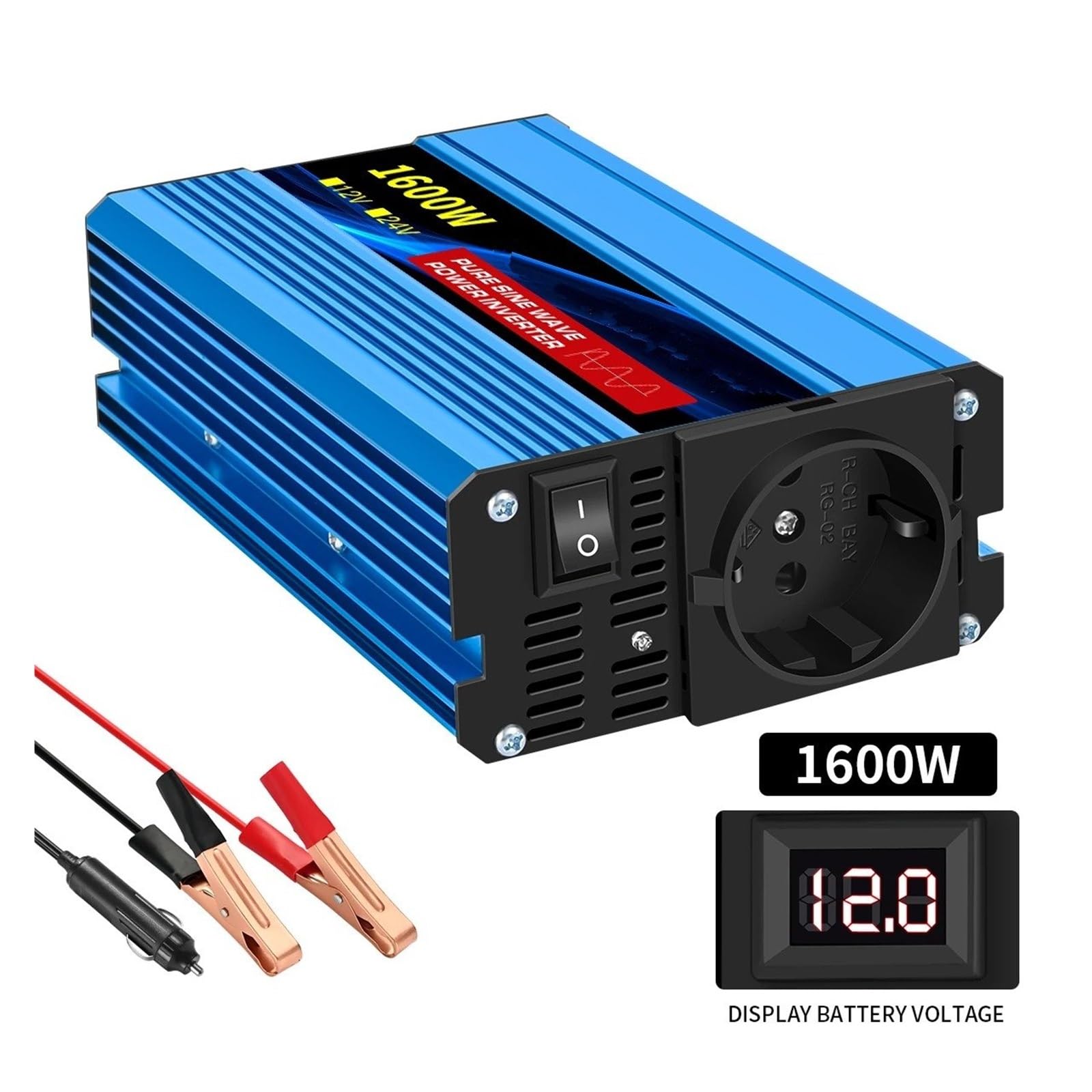 Inversor Inversor De 1000W-10000W, 12V/24V, 220V, Convertidor De Onda Sinusoidal Pura, Inversores Solares con LED, Enchufe UE(12V 50HZ,1600W)
