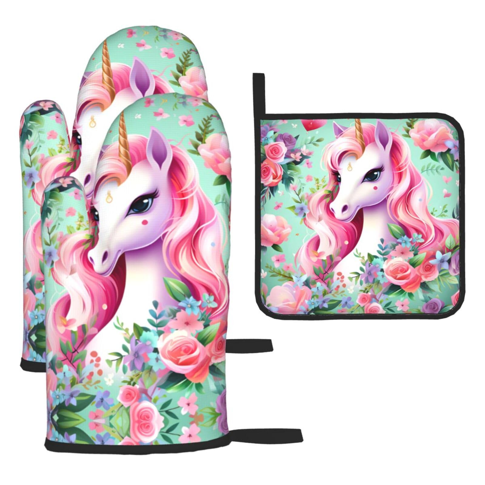 Pink Unicorn Printed Oven Mitt Set 3-Piece | Heat Resistant Gloves & Pot Holder Mat for Cooking, Baking & BBQ