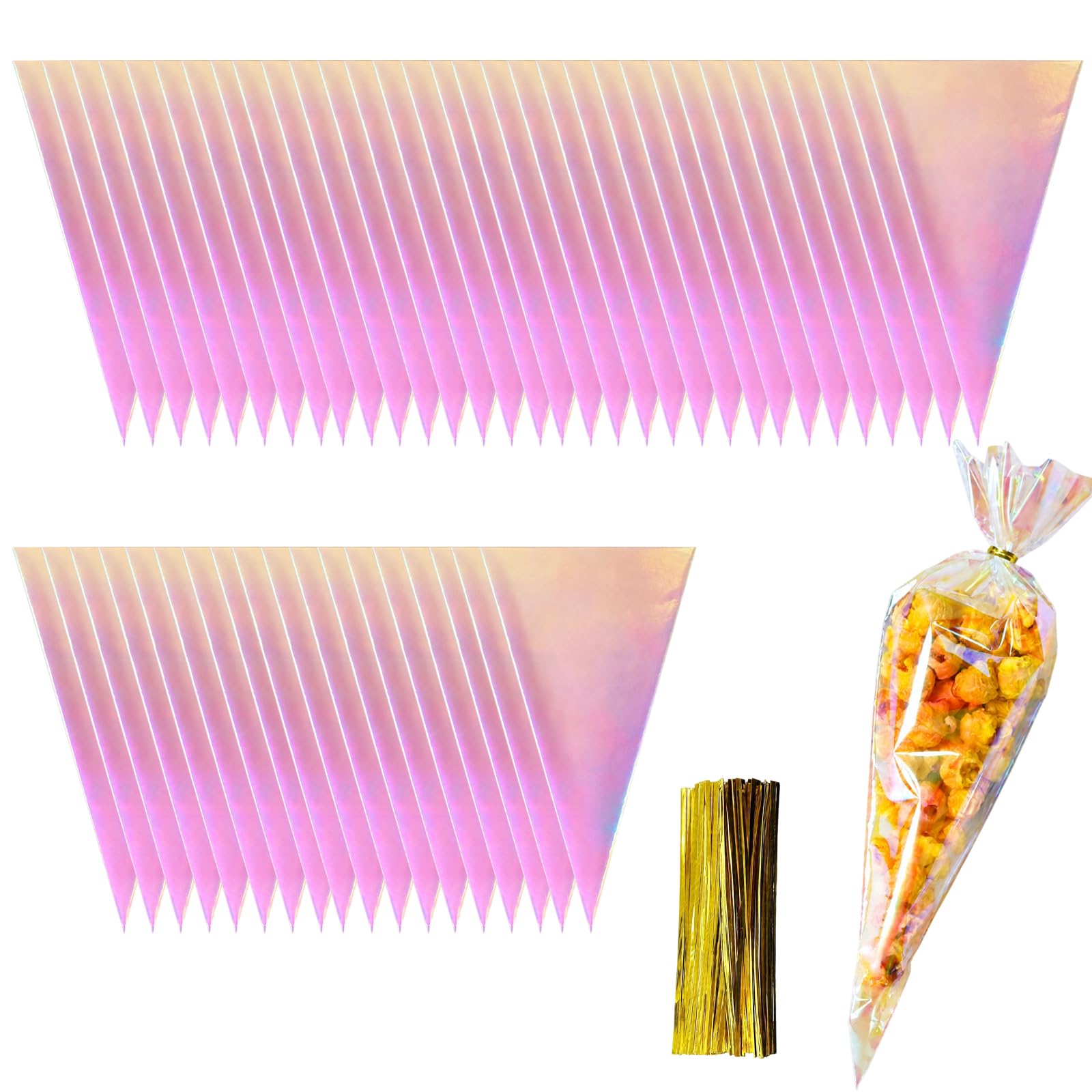 50Pcs Sweet Cone Bags, Sweet Bags and Sweetie Cones Bags, Party Favour Packaging for Birthdays and Holidays, Snack Portion Control for Events, 18.5x30.5cm Iridescent Flat Mouth Triangle Bags with 50Pc