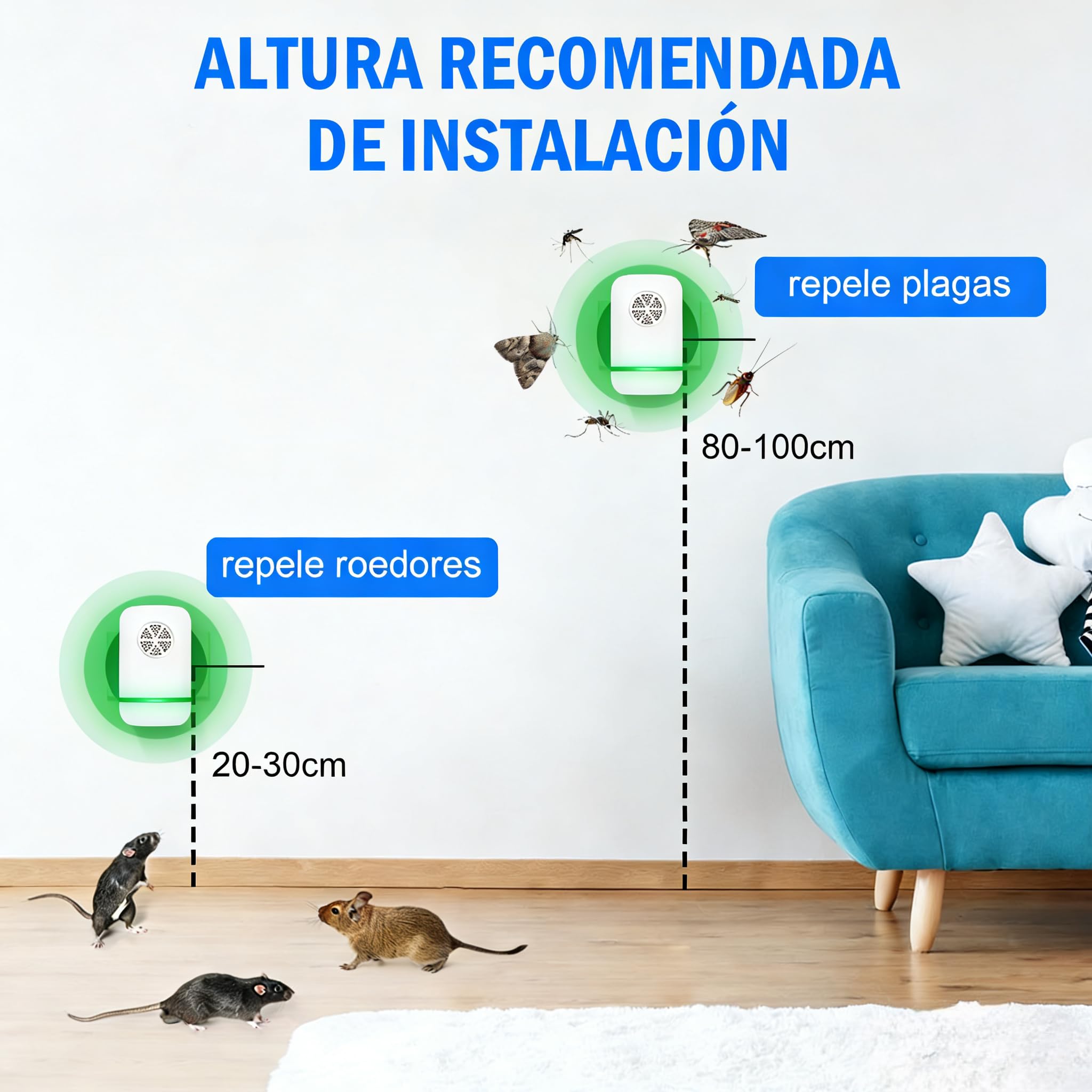 Repelente Ultrasónico de Plagas, Antimosquitos Electrónico Control de Mosquitos Hormigas, Cucarachas, Moscas, Arañas, Chinches, Ahuyentador de Ratas y Ratones para Interiores (2 Piezas)