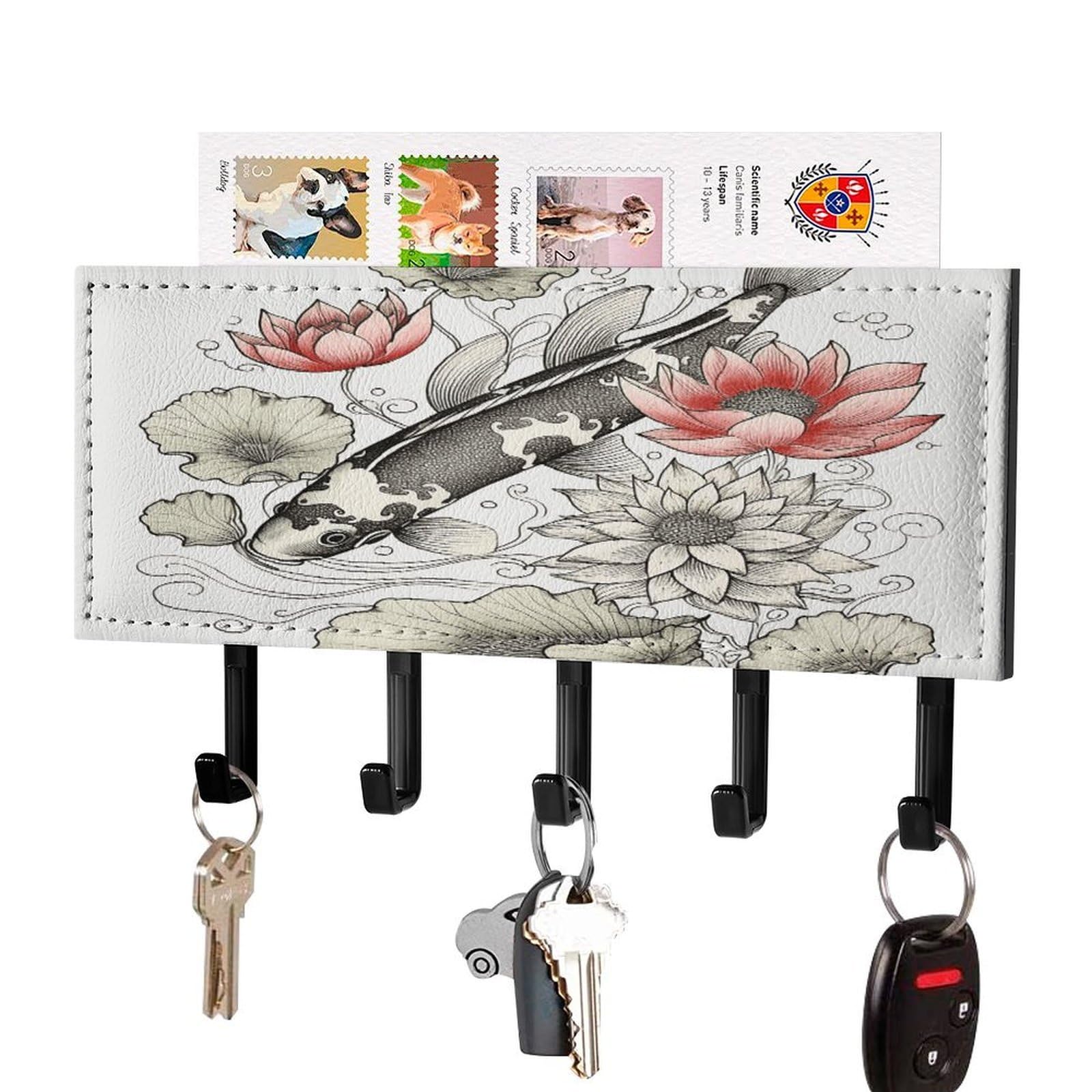 FekiLoot Fish Japanese Carp Lotus Leaves Flower Key Holder for Wall Decorative Mail Organizer with 5 Key Hook Self Adhesive Key Rack with Tray Coat Rack Wall Mount Key Hanger Decor for Entryway Door