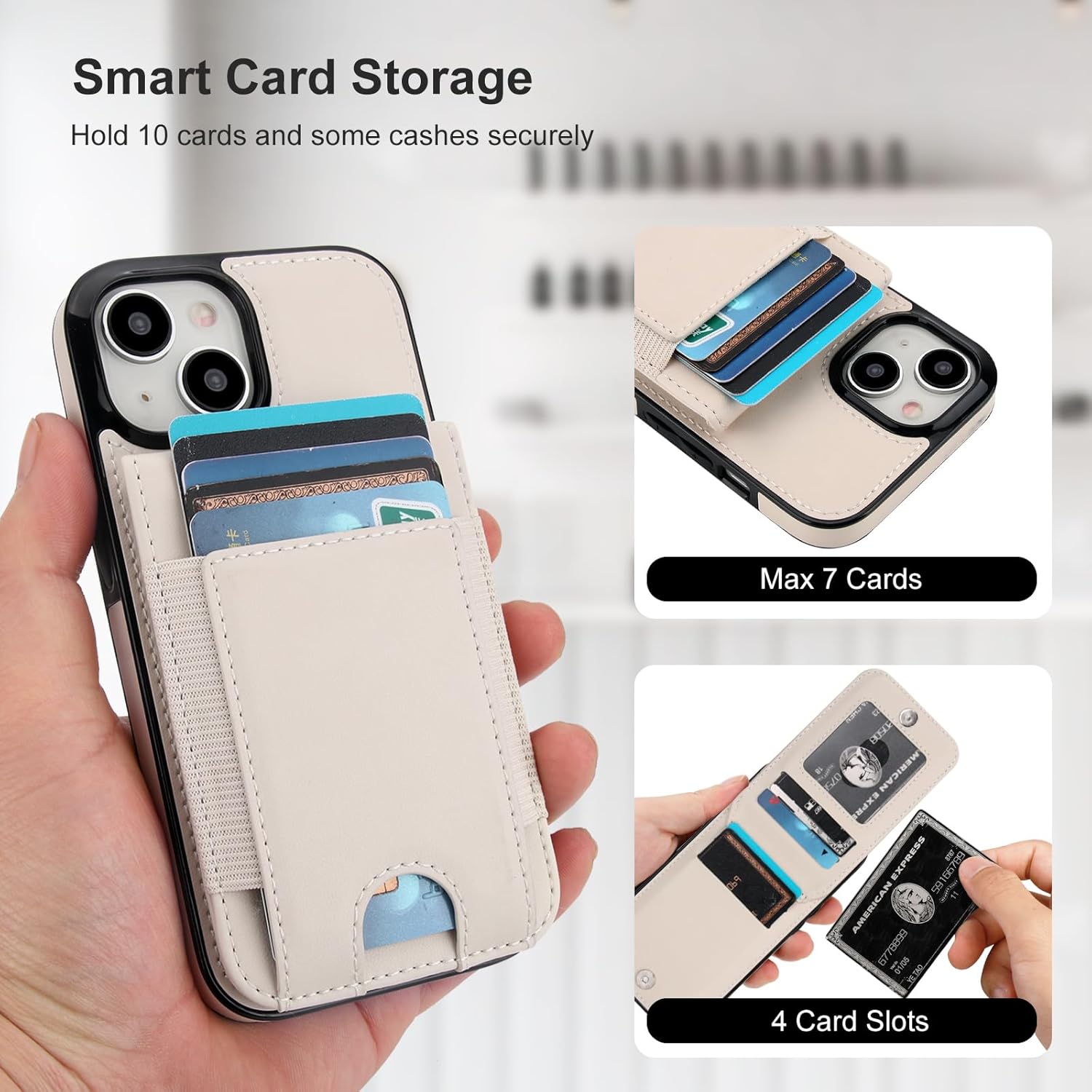 KIHUWEY for iPhone 15 Case Wallet with Card Holder, Large Capacity RFID Blocking Flip PU Leather Kickstand Magnetic Clasp Shockproof Protection Credit Card Slots Cover 6.1 Inch (Beige)
