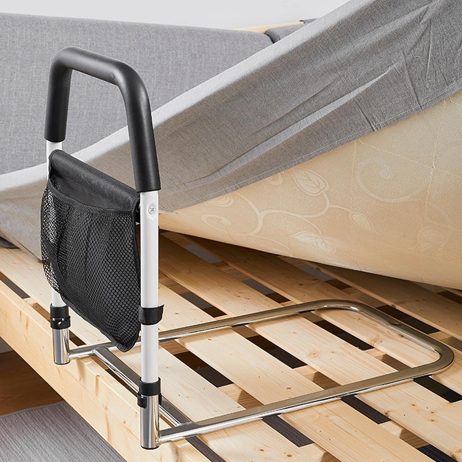 Sponda Letto di Sicurezza, Aiuto alla Mobilità con Utile Tasca Portaoggetti, Maniglia per Binario di Aiuto al Letto Carico Massimo 136KG