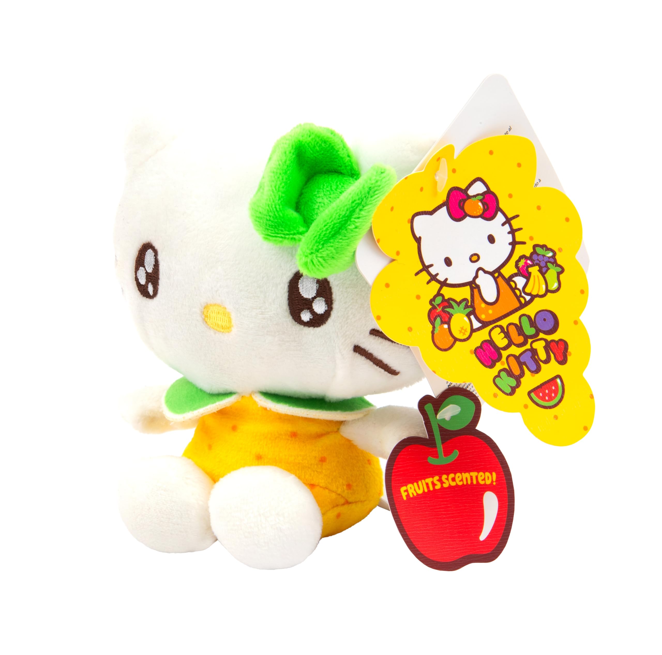 Hello Kitty Macedonia Scented Plush, 12cm Soft Toy in Yellow Dress, Fruity Fragrance, Official Licensed Mini Plush, Fans and Collectors, Suitable for Ages 4+