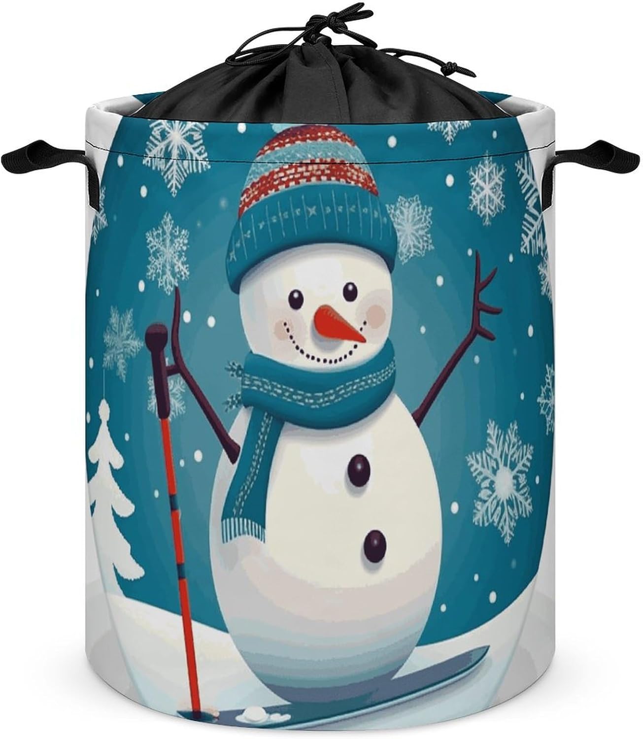 Lovely Christmas Cartoon Skiing Snowman Snowflake Laundry Basket with Lid Collapsible Waterproof Laundry Hamper Large Drawstring Clothes Hamper Storage Bin with Handles for Home Bathroom Bedroom Dorm