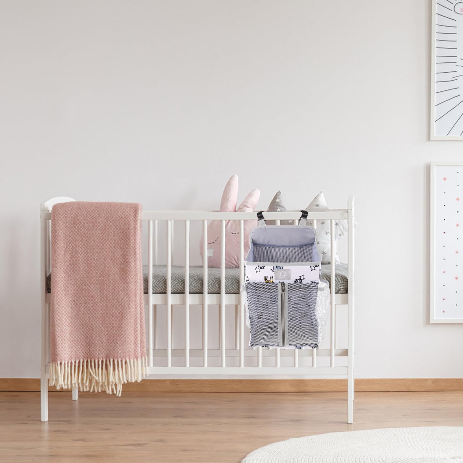 UPKOCH Organizer na pieluchy dla niemowląt Caddy: wiszący organizer na pieluchy do pokoju dziecięcego z motywem zoo – rozwiązanie do przechowywania na przewijaku, w kojcu, łóżeczku i przy łóżku