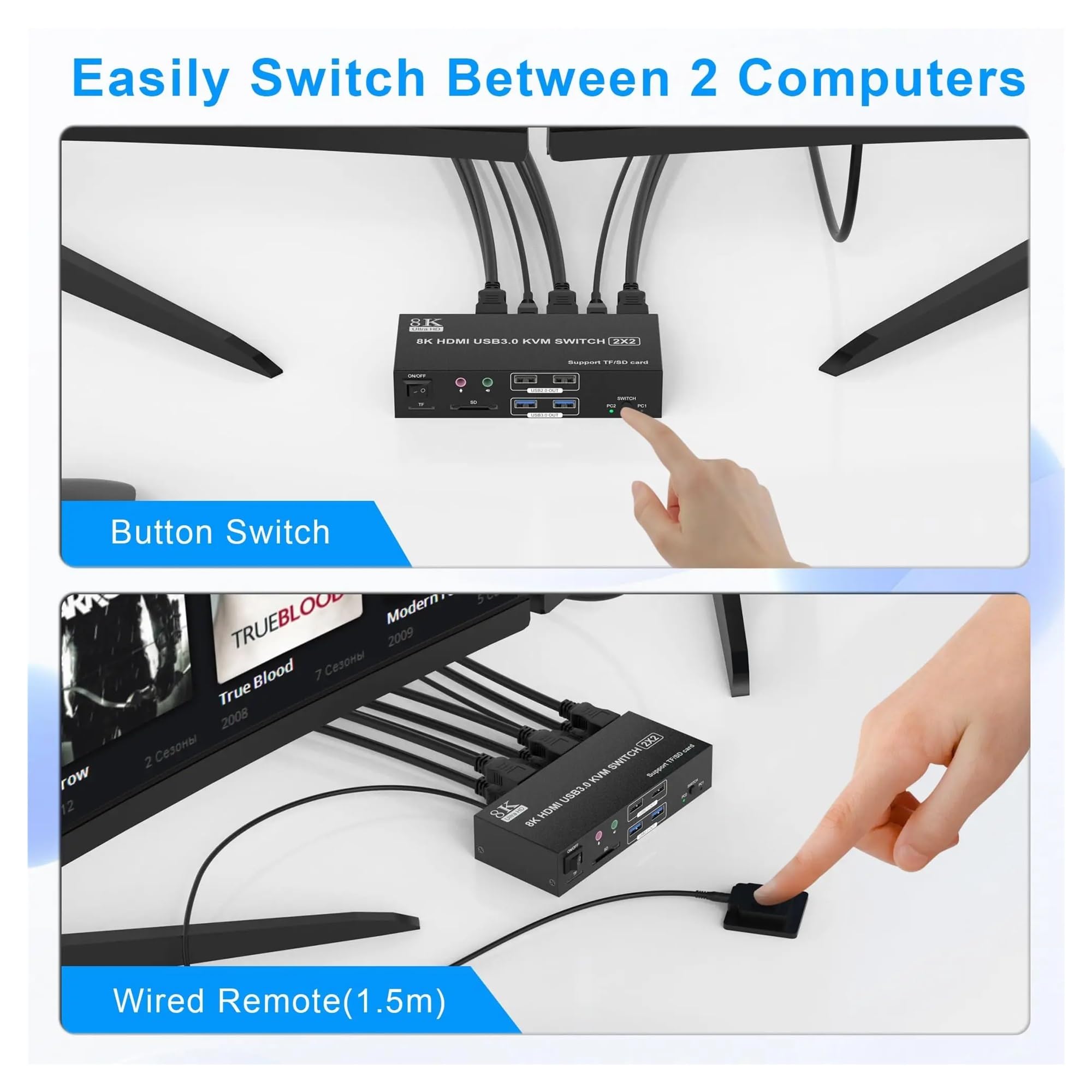 Conmutador KVM de Dos monitores 4K120Hz, 2x2 USB 3.0 DP, 2 entradas y 2 Salidas, 8K60Hz, Pantalla Mixta, 2 monitores, 2 Ordenadores, Puertos SD/TF(TA202-Dual DP)