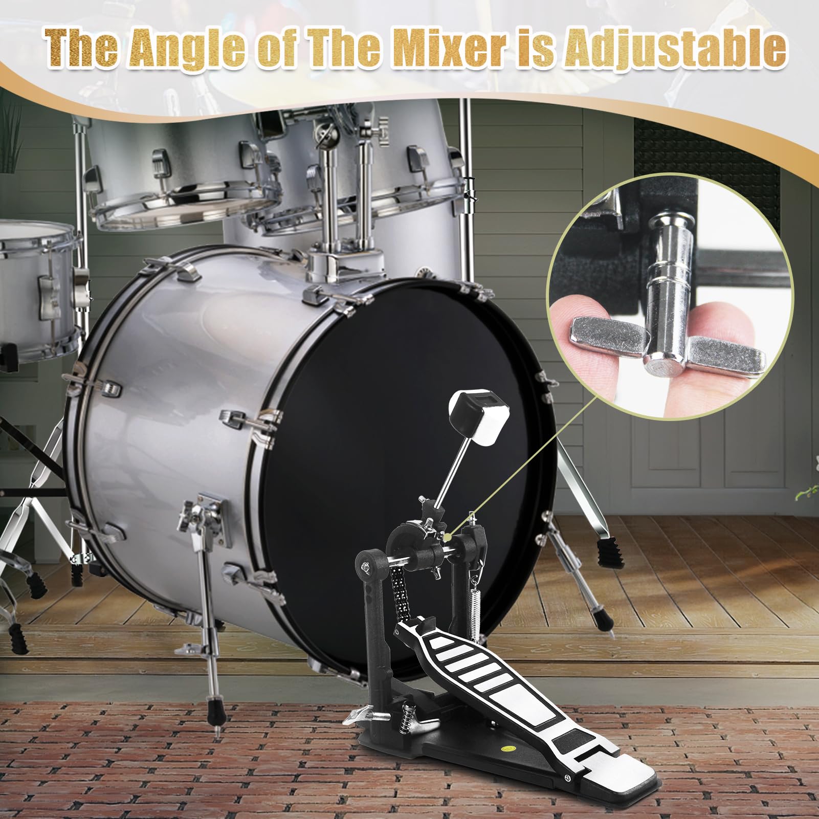 Pedal de bombo de un solo patada, pedal de doble cadena de alta resistencia, hardware de percusión para juego intenso, sistema de leva de potencia totalmente ajustable y juego de tambor