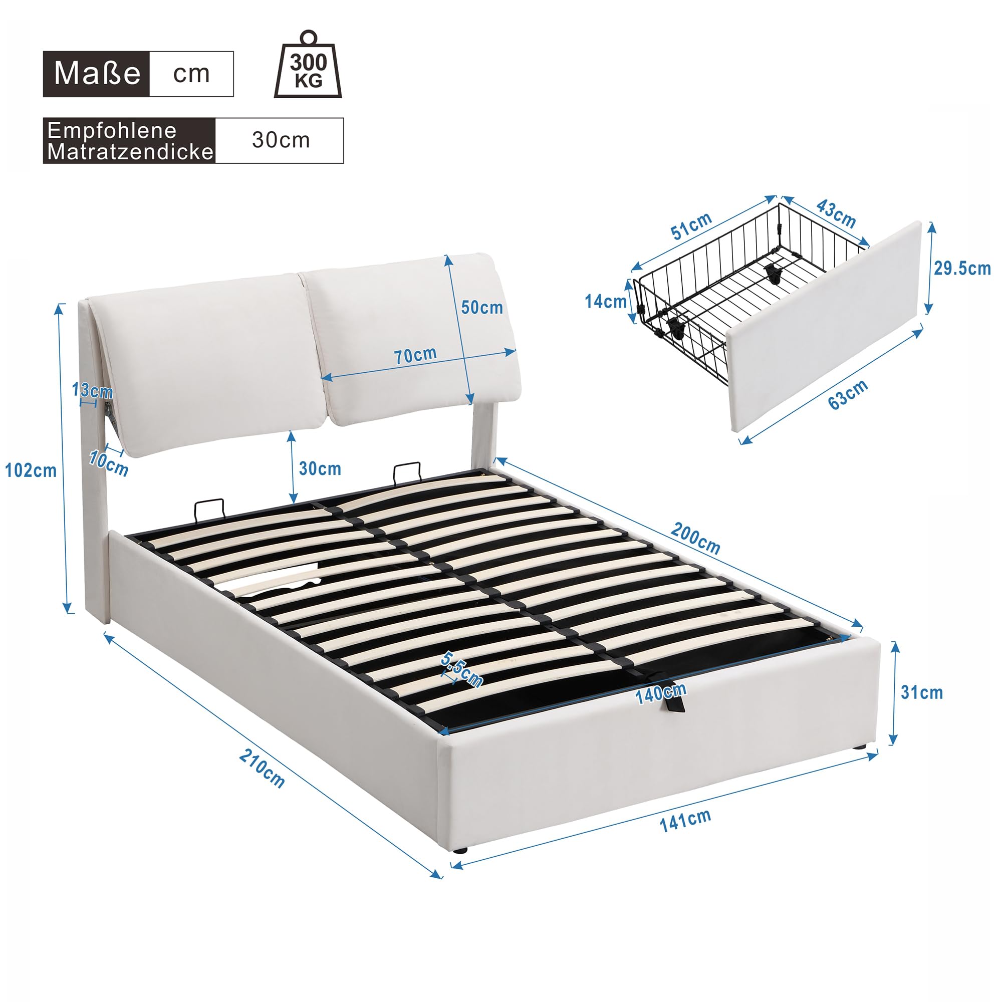 Gestoffeerd Bed 140 X 200 Cm Met 4 Lades En Verstelbaar Hoofdeinde - USB Type C - PU Leer Wit Zonder Matras