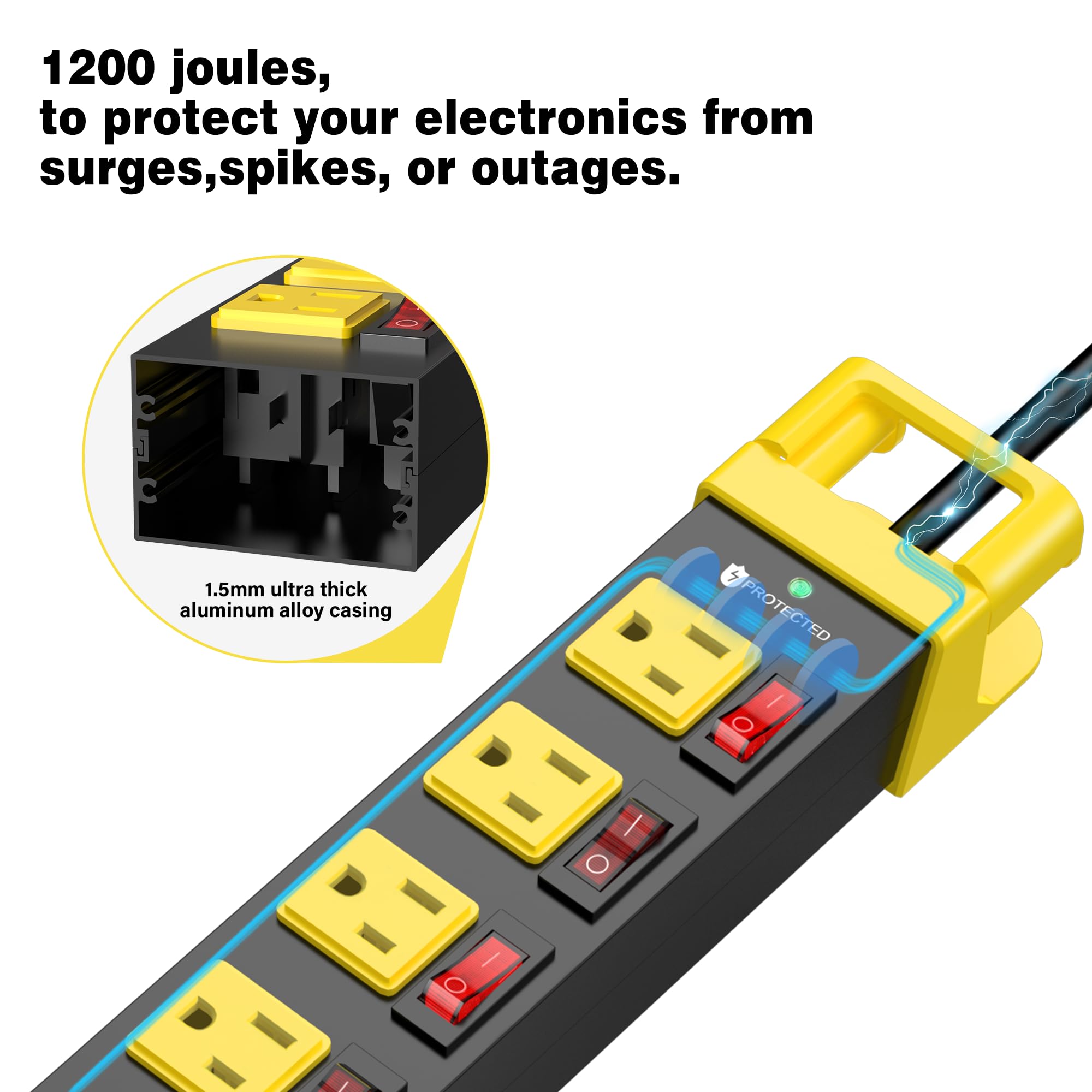 Bloc d'alimentation avec interrupteurs individuels, 8 prises haute résistance avec gestionnaire de câbles, protection contre les surtensions 1200J pour bureau à domicile, garage industriel