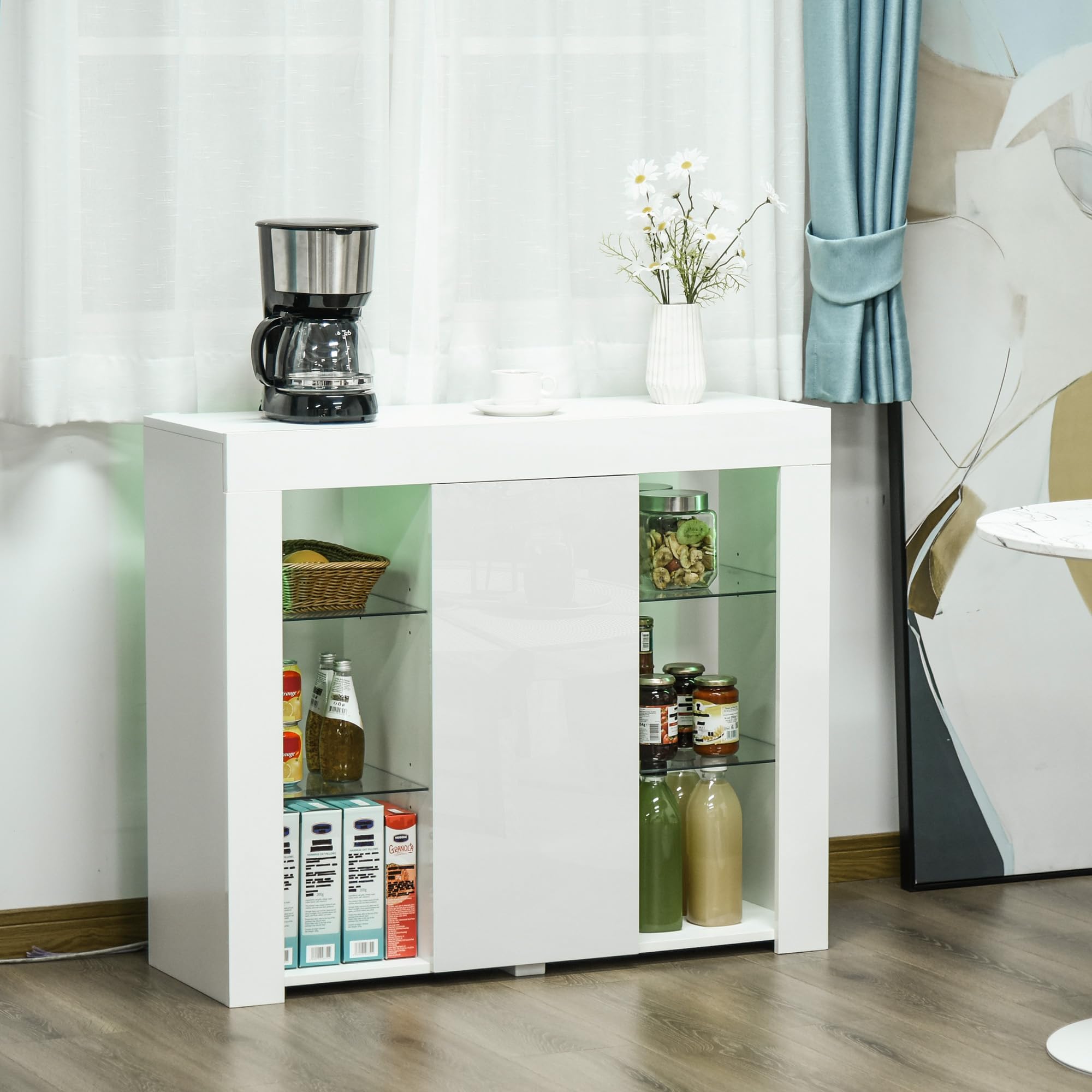HOMCOM Credenza Moderna con Luci LED Finitura Lucida 97x35x83cm Bianco | a Anta, Mensole in Vetro, Mobile Multiuso in Legno